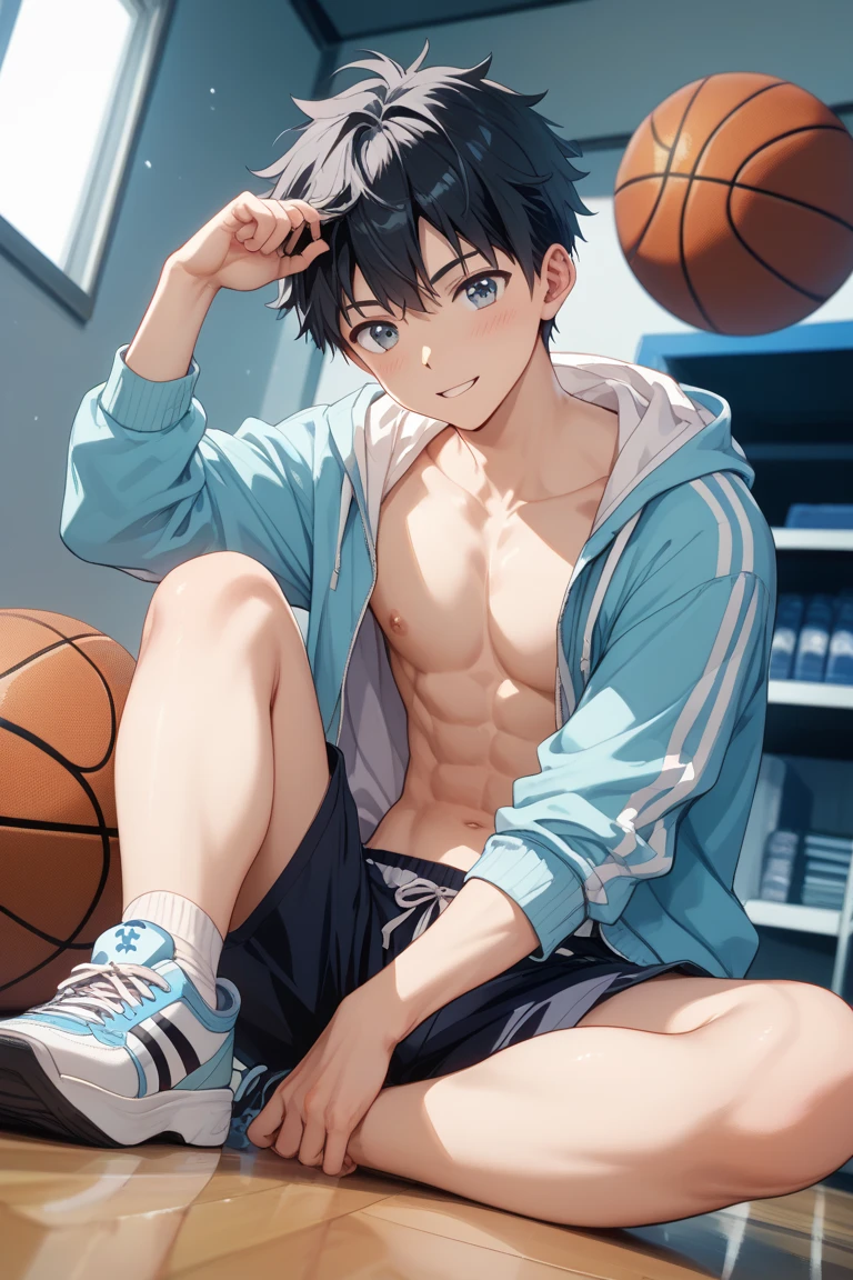 shirtless, super muscular, sweat-drenched body, dripping with sweat, 22-year old short black hair handsome caucasian  male wearing sweat-drenched white basketball shorts and rubber shoes, panting, very exhausted, drenched with sweat, sweating profusely, shirtless, sitting on the bench, bottled water, towel, in the locker room