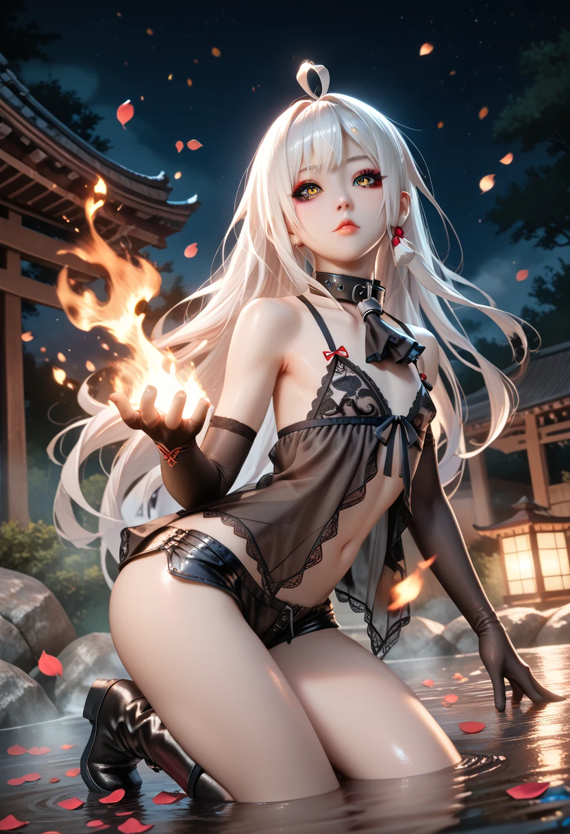 Masterpiece, Best Quality, Girls, Slender, Red Eyes, Hair Color, Iridescent, Long Hair Spreading, White Skin, Medium, Cute, Sexy, Near Future, Bikini, Exposed Skin, Night, Psychedelic, Trip, Extreme Color, Paisley Theme, Open Legs, Mechanical Left Arm, Full Body, cosmos