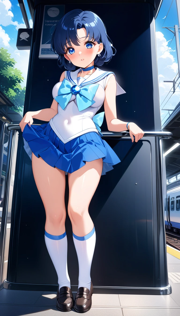 A black-haired, bob-cut, freckled, glasses-wearing girl dressed as Sailor Mercury wearing blue boots and white gloves with a shy expression at the Comiket venue