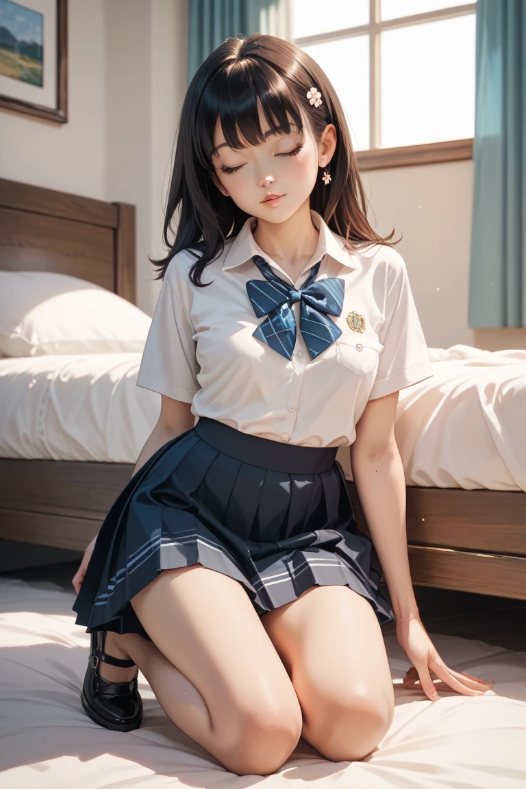 Wear JK clothing,Female high school student wearing white stockings in Japanese bedroom,Do cute movements,There was also a mirror in front of her