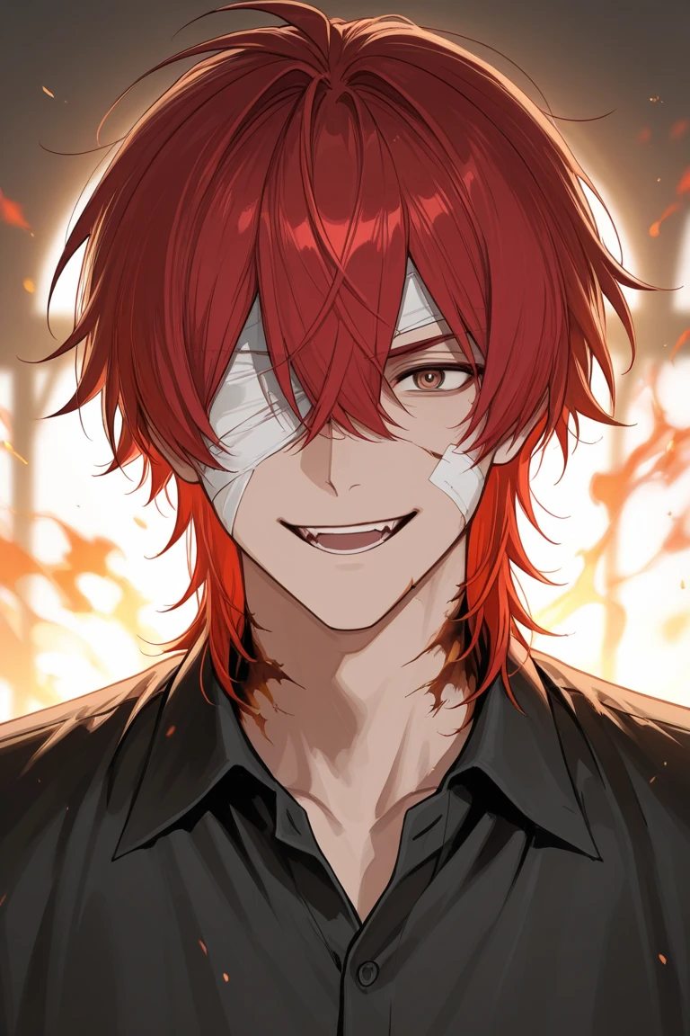 Male anime character, 18 year old man, anime character crying, anime character holding a knife above his head, he smiles sadistically, blood runs down his body, the blood on his face mixes with his tears