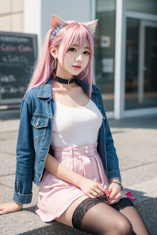 Cute and sexy girls, Pink hair, A hyper-realistic, Detailed Lighting, a miniskirt, posing at japan street