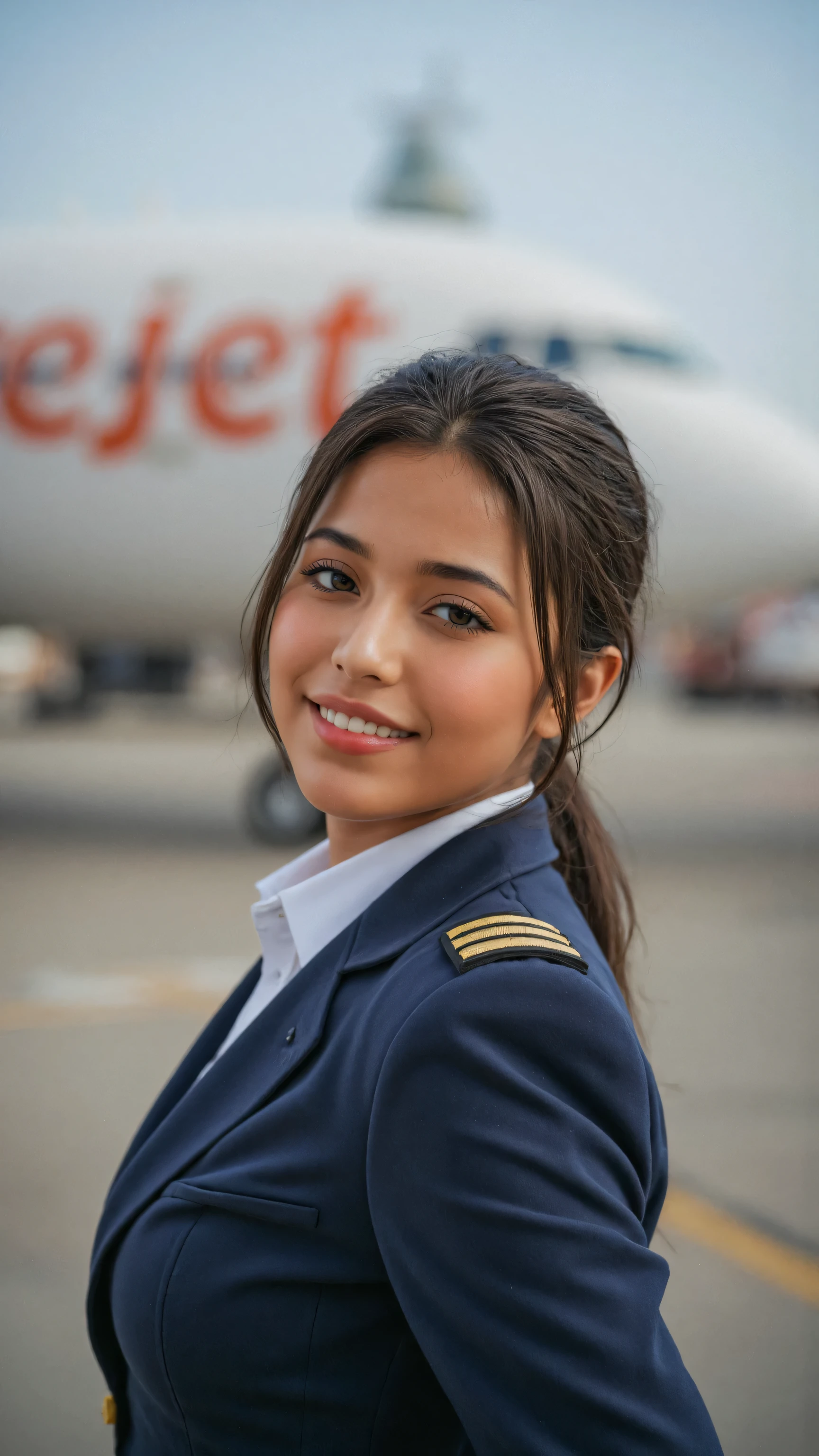 A highly realistic portrait of an 18-year-old female pilot from SpiceJet airline, wearing a crisp pilot's uniform, standing confidently. The framing is from the waist up, featuring a warm, innocent smile that captivates the viewer. In the blurred background, a large airplane is visible, subtly adding context to the scene. The focus remains entirely on the female pilot’s youthful charm and professionalism. 8k, ultra-detailed, hyper-realistic lighting, photorealistic textures.