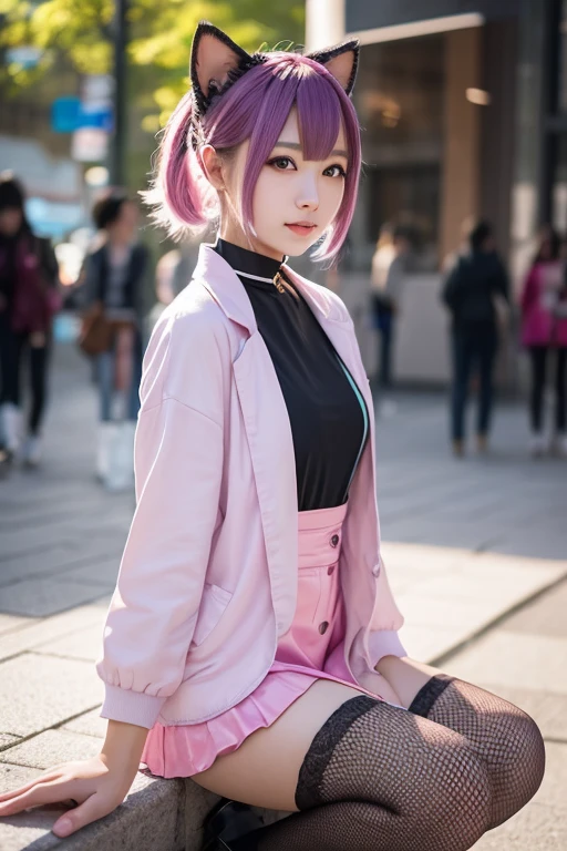 Pink short cut hair,(8K, top-quality, masterpiece:1.2), (realisitic, Photorealsitic:1.37), ultra-detailliert, 1 girl in, full body Esbian, a park, (Adjusted hair:1.5) Officelady, Black Office Blazer, Office Skirt, (panthyhose: 1.2)、(Short button-down shirt:1.2)、Button Up Color Prim、Button Down Color Prim、bura、(panthyhose:1.2)、Alpha Layer、high-heels、earring beautiful、cute little、独奏、Beautiful detailed sky、(A smile:1.15)、(Mouth closed)、tiny chest、Eyes in Beautiful Details、Business attire、(short-hair:1.2)、Floating Hair NovaFrogStyle、Hotel Bed、masuter piece、Pink Shortcut Bob、Realistic rabbit ears、Pink realistic rabbit ears、Realistic ears of rabbits sticking out of the head、Pink hair、Beautiful girl in her 20s、Bewitching atmosphere、Beautiful shaped hands、K-POP、Pink rabbit ears、1 girl in、独奏、masterpiece、top-quality、realisitic、Hyper-detailing、(Glossy skin:1.4)、absurderes、short pink hair、Slender beauties、动态照明、hight resolution、foco nítido、depth of fields、(thick thight:1.0)、A slender :1.2,((Short-cut bob hair))、((k pop:1.3)),Highly detailed facial and skin texture、((魅惑的)),Anatomically correct number of fingers,Correct anatomy