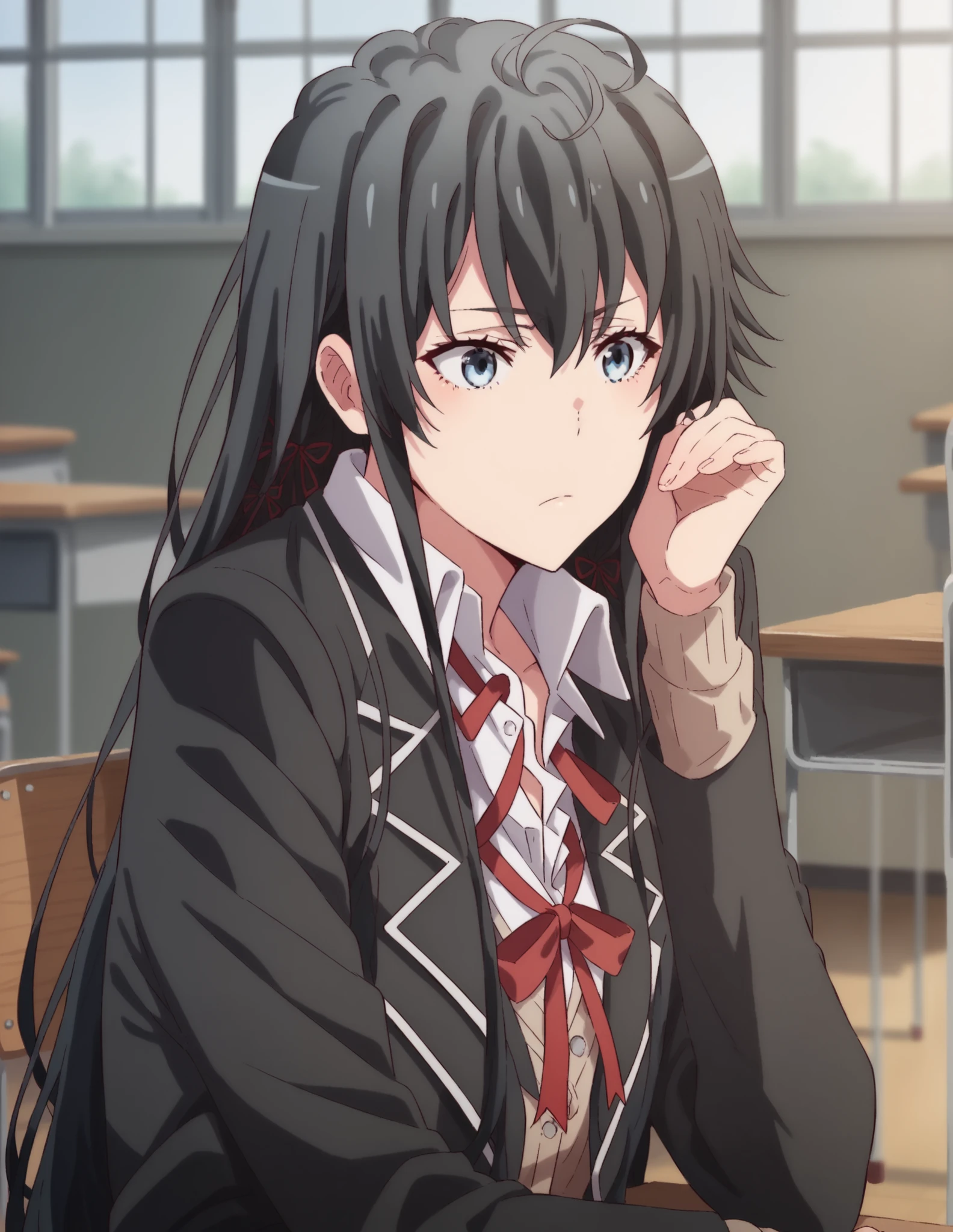 score_9, score_8_up, score_7_up, Yukinoshita Yukino , long hair, black hair, blue eyes, 1 girl,Alone, school uniform, jacket, black jacket, ribbon, hair ribbon, blazers, red ribbon, shirt,schools,classroom,viewers,Sit at the desk,Sit with legs crossed,
