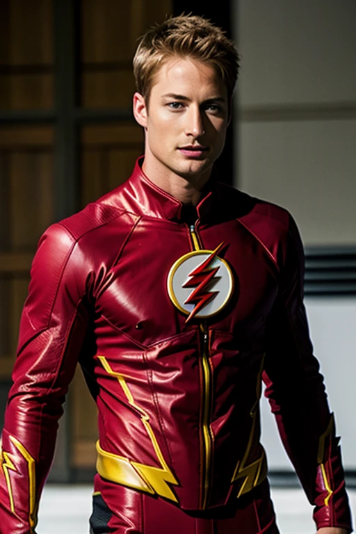 He always has a confident look on his face、Mouth with upturned corners、Japanese、Cool guy、(((Stylish body type.)))、(((Beautiful feet)))、(((Make the most of your original images)))、(((The Flash Costume)))、(((Short manly hair)))、((Best image quality、8k))、((highest quality、8k、masterpiece:1.3))、(((Keep your background simple)))、Sharp focus:1.2、Beautiful man with a perfect body:1.4、Slim Abs:1.2、Wet body:1.5、Highly detailed face and skin texture、8k、Keep your background simple