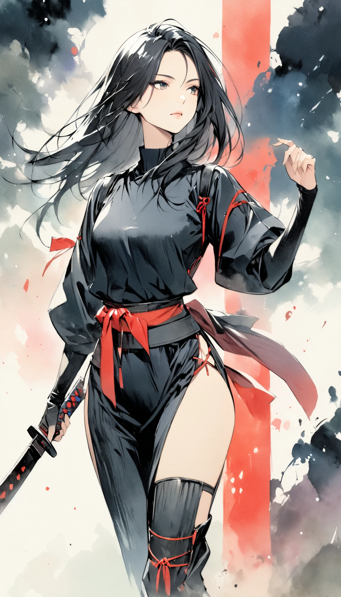 (best quality,4k,highres,masterpiece:1.2), ultra-detailed, photorealistic, Extremely detailed anime rhajat from fire emblem fates, black hair, grey eyes, black mid-drift shirt, baggy black pants, black coat tied around her waist, cleavage, large breasts, vivid colors, dynamic lighting, anime aesthetic, in the style of M_Alexa.