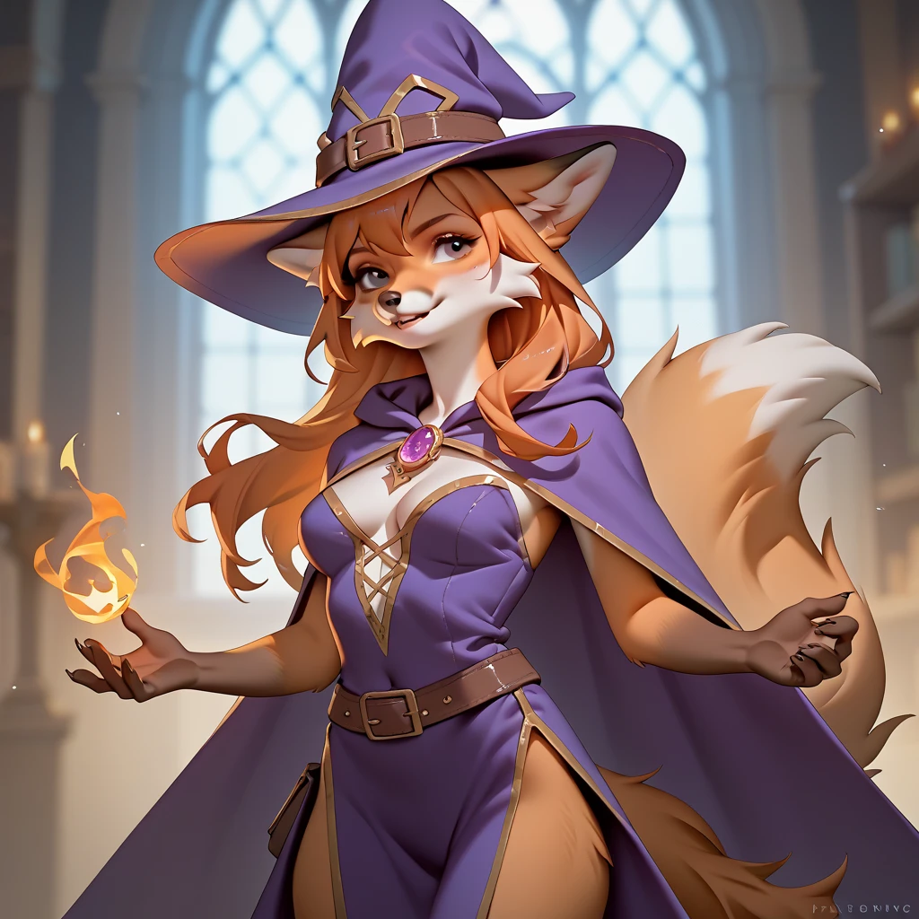 ((thick body)), 1girl, mature, realistic, wolf, light orange and white fur, green eyes, orange short hair, looking at viewer, smiling, BREAK, ((black celestial witch outfit)), celestial witch hat, stars, constellation, BREAK, ((genshin impact mona inspired)), BREAK, (masterpiece, majestic, realism, detailed fur, best quality, ultra realistic, 4k, 2k, (intricate, high detail:0.8), uploaded on e621 , by Alena Aenami, by Kenket , by Pino Daeni , by Ruan Jia , by Ross Tran , by Michael & Inessa Garmash , by Bypbap), BREAK, sitting, medium shot, half body