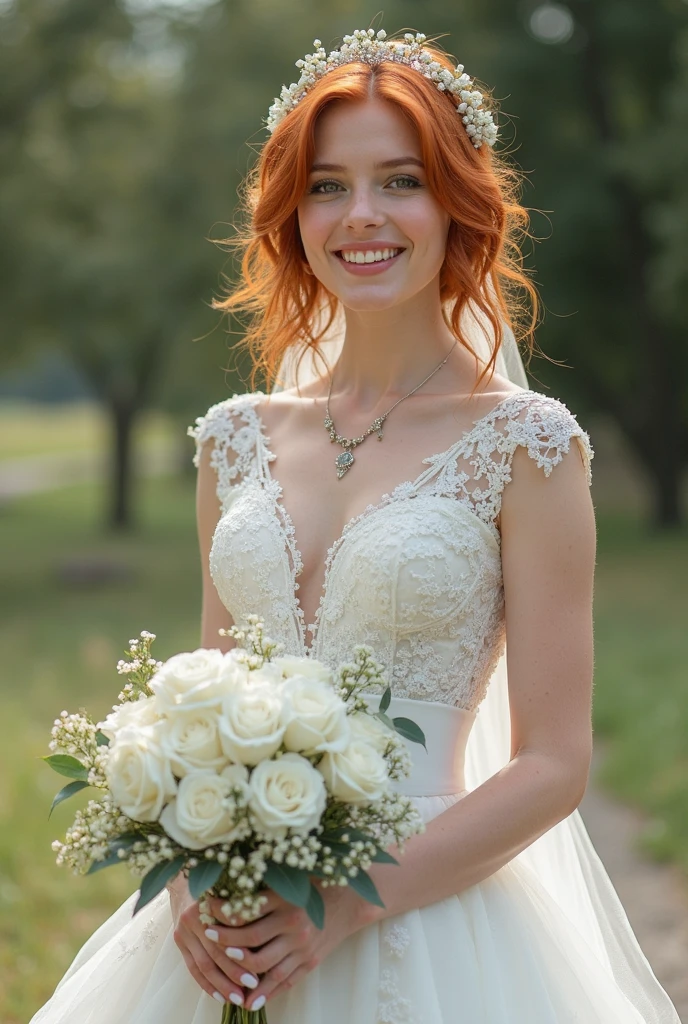 (close-up editorial photo of 27 yo woman, red hair, slim French sweetheart), wearing a wedding dress, holding flowers, looking really happy, Blurred background in the grounds outside a church, high quality, good lighting, f1.2, Canon 85mm, perfect, detailed dress, white wedding dress, detailed sticking.
