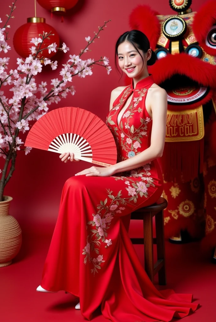 Take your viewers back to a bygone era with a vintage-style boudoir shoot.., soft lighting, Luxurious fabrics, And timeless elegance. cheongsam, hair color,black hair,long legs,voluminous body,staring at camera,((friendly smile))、fascinating eyes、,((Big 1.5)) (large pelvis:0.9),