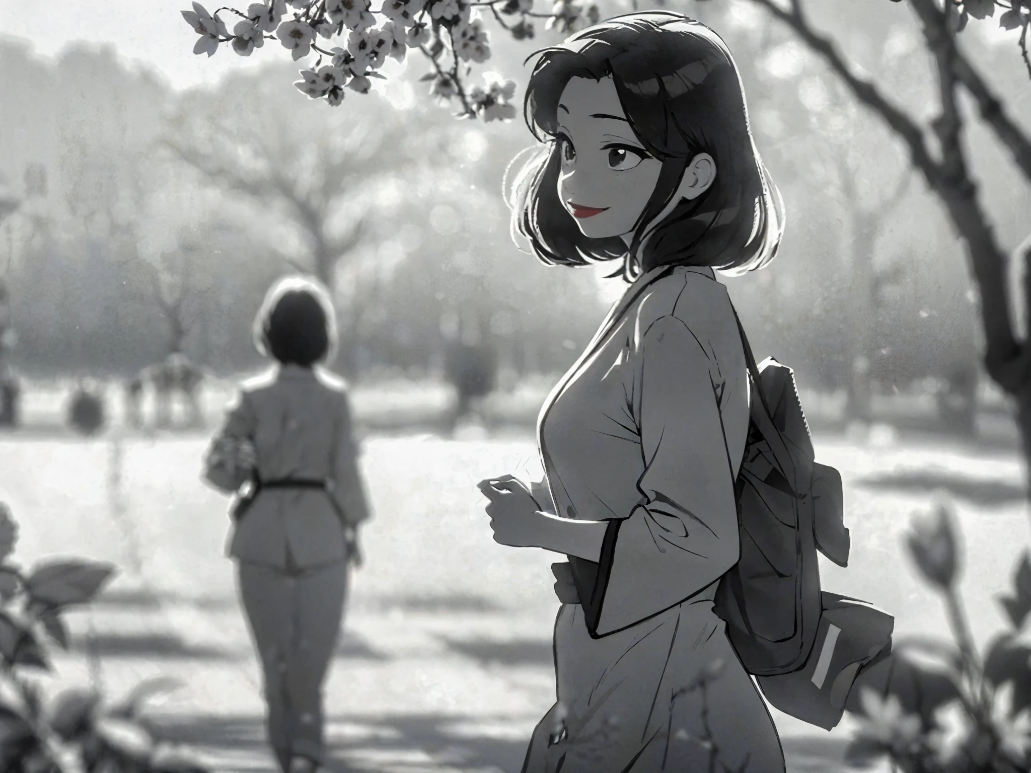 monochrome, 1girl, meg, smile, red lipstick, walking in a serene garden full of beautiful blossoming cherry blossom trees, cherry blossom, sakura petals falling from the trees and filling the air, atmospheric, wearing a kimono, kimono off shoulders, bare leg, the sun shines through the trees and petals, sunlight illuminating her hair and silhouette, very detailed, masterpiece