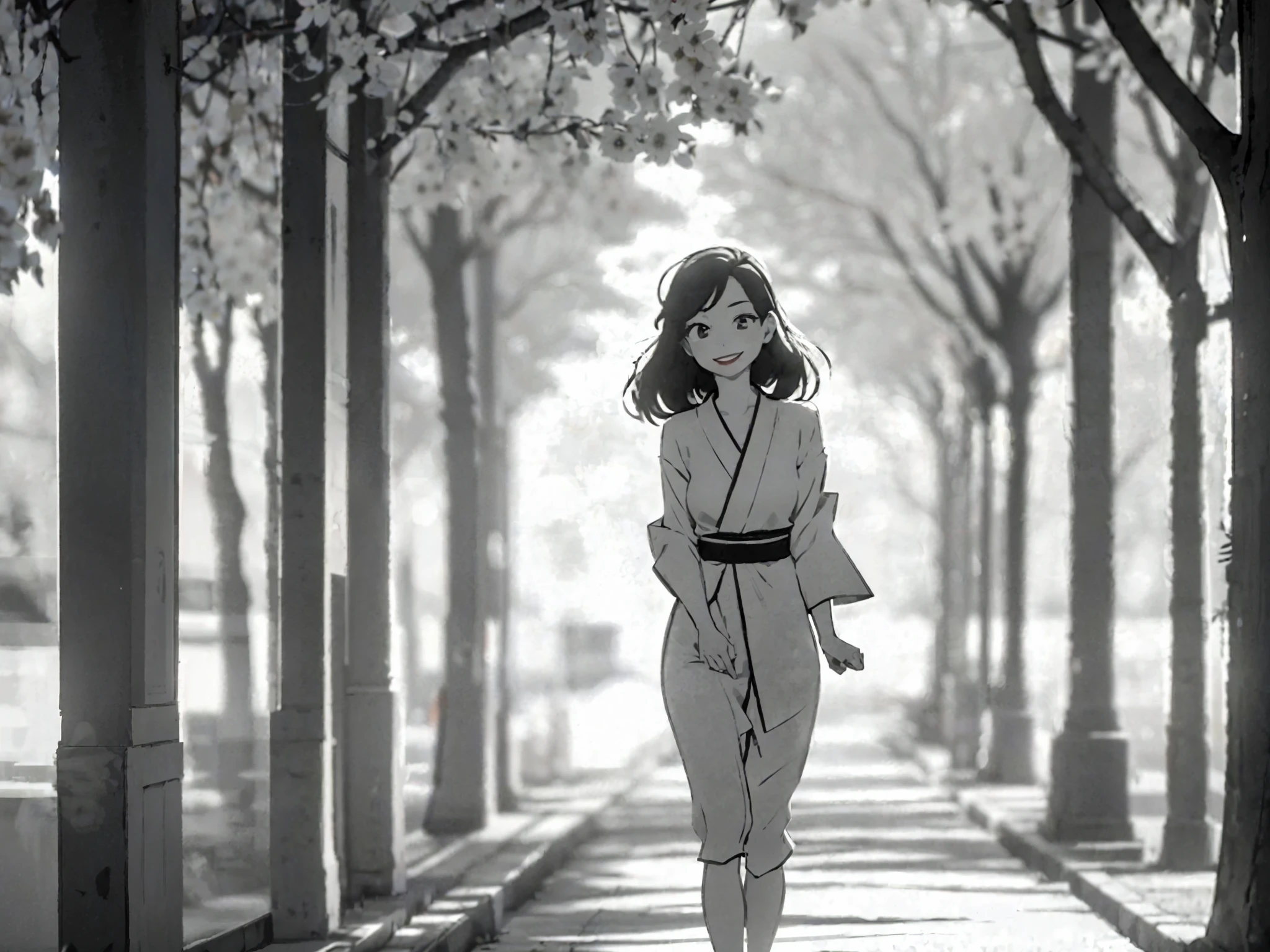 monochrome, 1girl, meg, smile, red lipstick, walking in a serene garden full of beautiful blossoming cherry blossom trees, cherry blossom, sakura petals falling from the trees and filling the air, atmospheric, wearing a kimono, kimono off shoulders, bare leg, the sun shines through the trees and petals, sunlight illuminating her hair and silhouette, very detailed, masterpiece