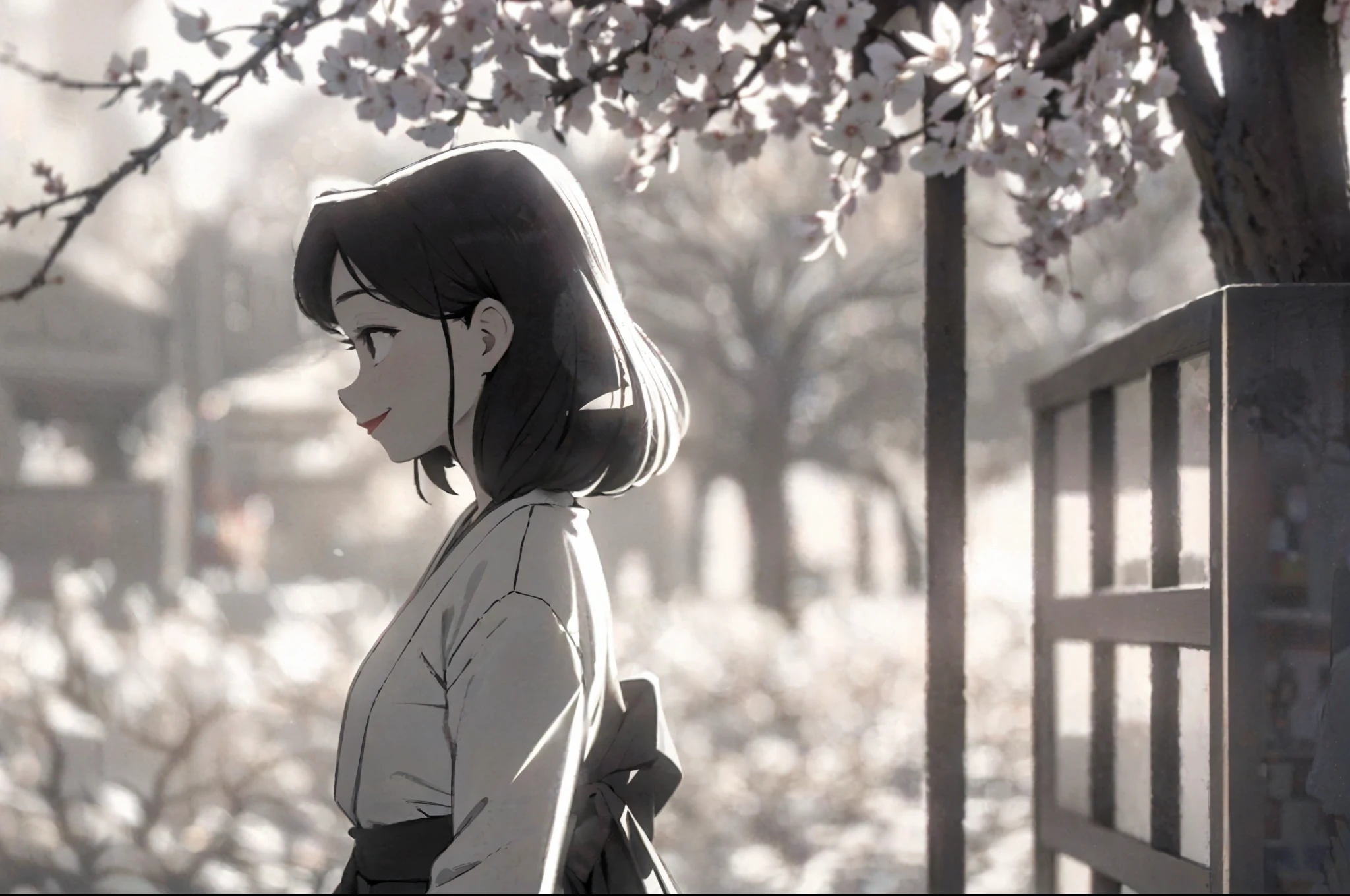 monochrome, 1girl, meg, smile, red lipstick, walking in a serene garden full of beautiful blossoming cherry blossom trees, cherry blossom, sakura petals falling from the trees and filling the air, atmospheric, wearing a kimono, kimono off shoulders, bare leg, in profile, from side, evening, the setting sun shines through the trees and petals, sunlight illuminating her hair and silhouette, very detailed, masterpiece