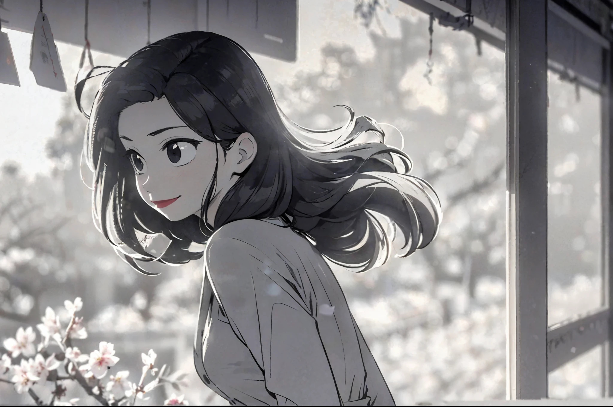 monochrome, 1girl, meg, smile, red lipstick, walking in a serene garden full of beautiful blossoming cherry blossom trees, cherry blossom, sakura petals falling from the trees and filling the air, atmospheric, wearing a kimono, kimono off shoulders, bare leg, in profile, from side, evening, the setting sun shines through the trees and petals, sunlight illuminating her hair and silhouette, very detailed, masterpiece