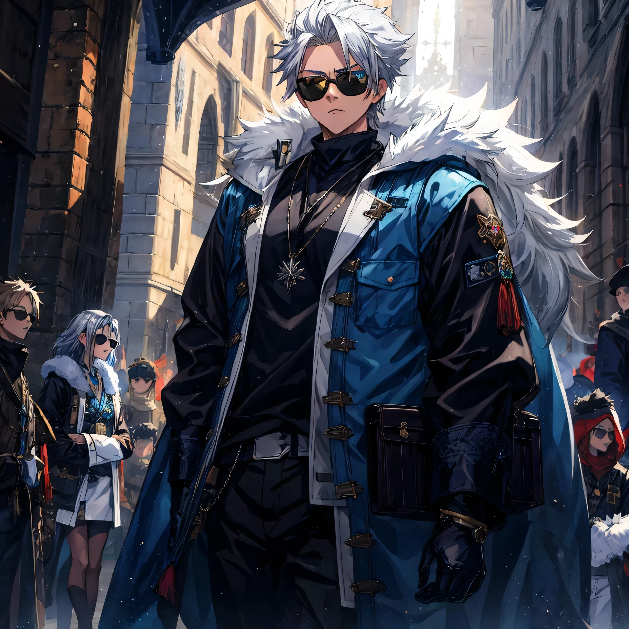 One boy Lean , Toshiro Hair, White Vest over Dark Blue Jacket Fur Hood On Jacket, Thin Build , Black Fitted Undershirt, Baggy Clothing, Silver Jewelry Accessories, Blue Sunglasses, Amazing Quality, Standing In Massive Guild Hall, Perfect Quality, Perfect Generation, Perfect Eyes