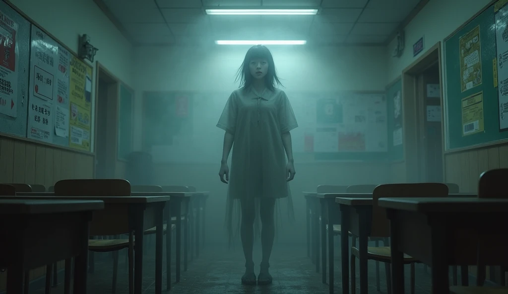 Sadako、White clothes、See-through、In the liminal space of a dark abandoned school、Dynamic lighting、Photorealistic、Trending on Art Station、Stunning visuals、fog、creative、Cinematic、Super detailed、Atmospheric、Ambient Lighting、Scary Art、low quality、Heavy film grain、Low saturation、Orange Teal Hue