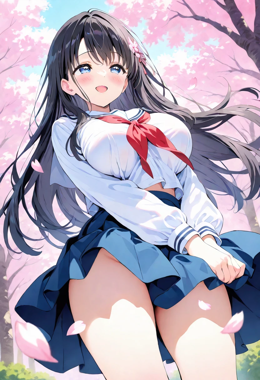 (masterpiece:1.3, Highest quality, Ultra-high resolution, Very detailed), (Realistic:1.1, photoRealistic:1.4), Beautiful illustrations, Perfect lighting,Written boundary depth, Beautiful detailsまでこだわった髪, Beautifully detailed face, Beautiful details, Beautiful clavicle, Beautiful body, Beautiful and juicy breasts, Beautiful thighs, Beautiful feet, View your viewers, 1 Girl,Perfect Face, (Perfect Anatomy, Anatomically correct), Cute and symmetrical face、、((Shiny Hair)),(Beautiful views),(Outdoor, Blurred night cityscape),(かわいいsmile, smile)、Sexy Body、(masterpiece),(Highest quality:1.3),8K,Very clear,(Ultra-realistic), One Girl,Wide Shot,((Large Breasts)),Wide Hips,Beautiful feet, Captivating woman、(masterpiece、Highest quality、Very detailedな)、((1 Girl))、((Long black hair blowing in the wind))、black eye、((とてもLarge Breasts))、((((Japanese school girl uniform))))、(((Raise your arms high and jump)))、((Panties are visible))、(((Skirt fluttering in the wind)))、Cowboy Shot、