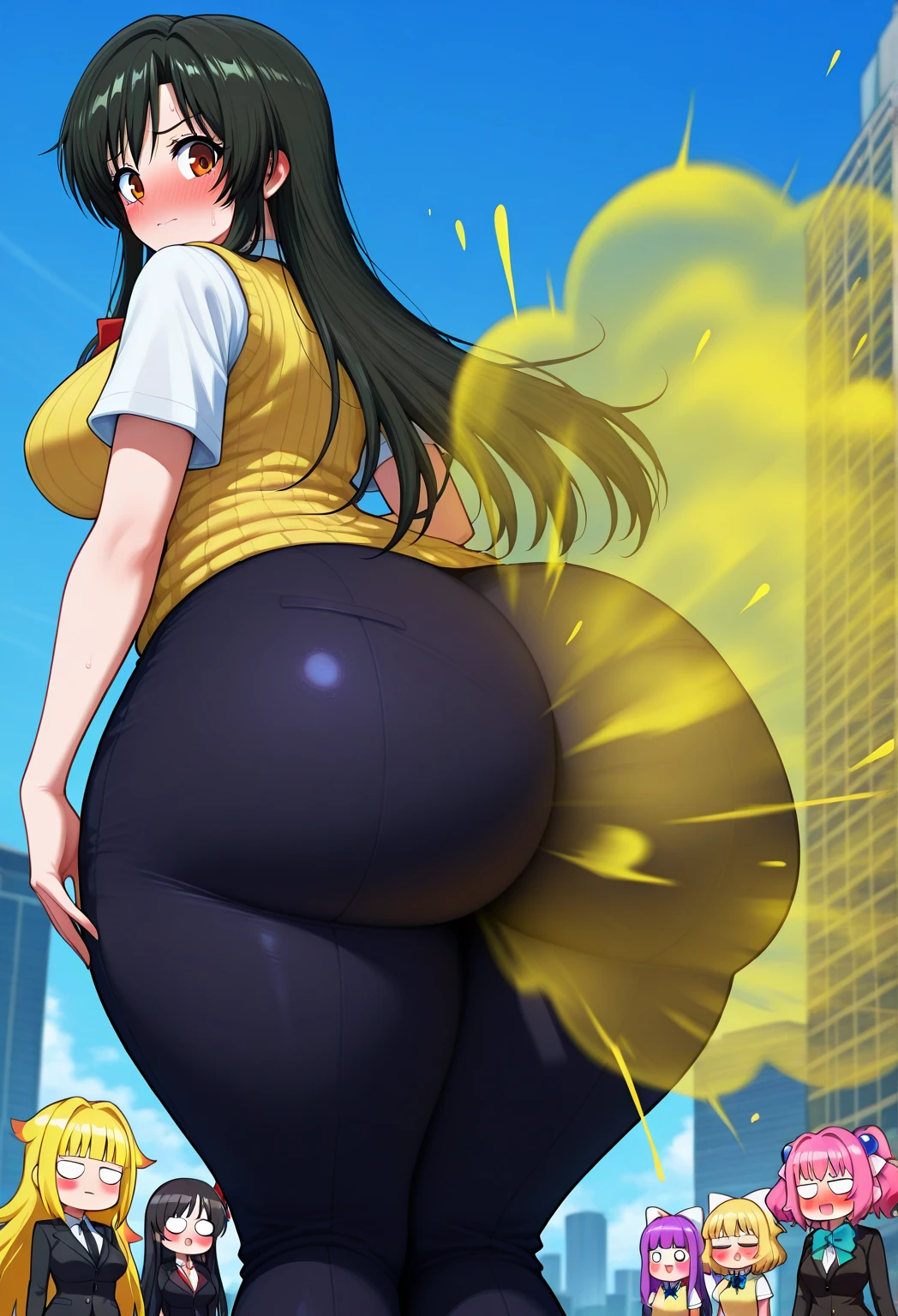 depth of field, perfect lighting, light particles, female, human, human face, (sexy, bimbo) solo, outdoors, (butt facing viewer), ((casual clothing)), (((farting))), macro,
