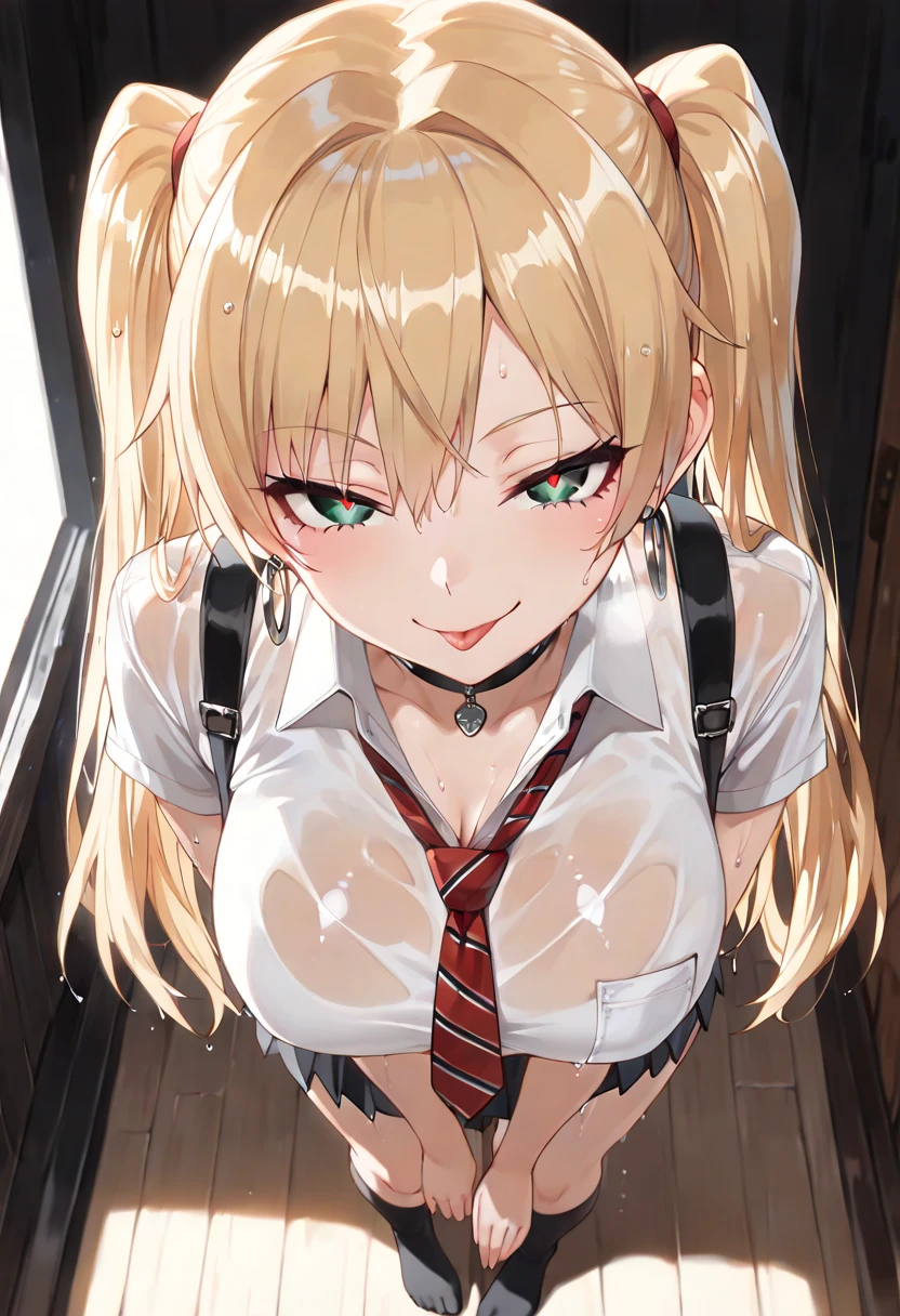 masterpiece, Highest quality, High resolution, 1girl kaori saeki, Spaghetti Straps、Black vest、Red tie、Red Skirt、Black knee socks, classroom, Cowboy Shot, (Conceit:0.3), View your audience, Focus Only、Sit on a chair with your legs spread、Voluptuous thighs、Big Breasts、Big Ass、White panties、White bra、Captivating smile