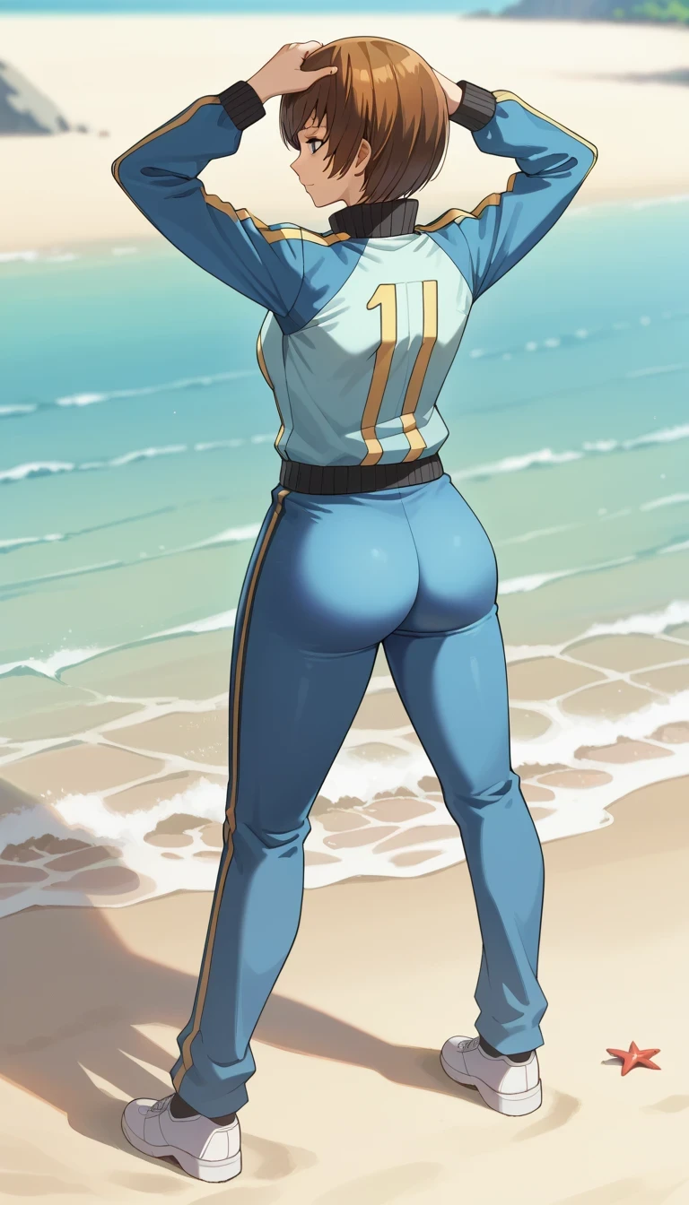 score_9, score_8_up, source_anime 1 girl, solo, cute face, p4chie, satonaka chie, short hair, brown hair(NSFW)) , full body , ( back view) , regarde le spectateur , gigantic , big ass , fighter suit tight , blue suit , ( masterpiece) , professional lighting , on beach , arms up