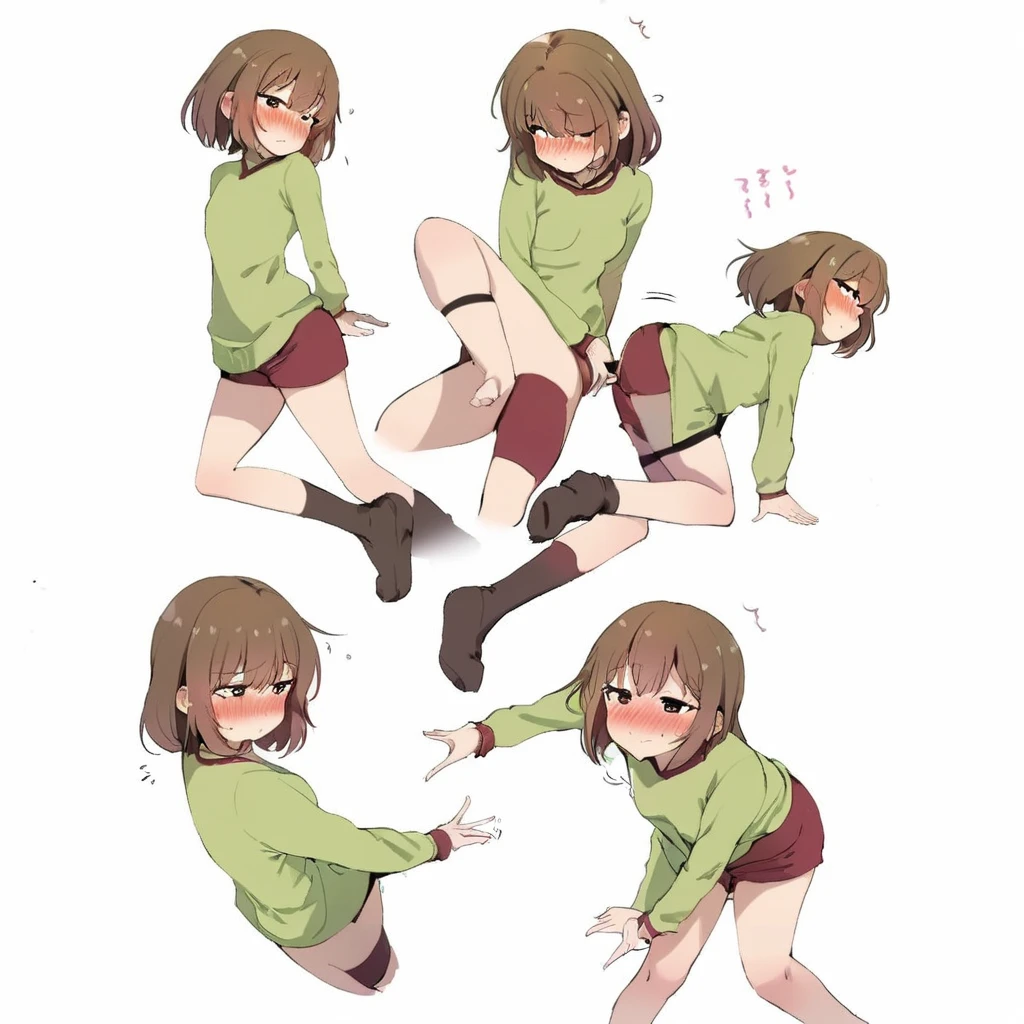 (masterpiece, best quality), chara undertale, red eyes, brown hair, short hair, striped shirt, torn clothes, pussy, anal, anal sex penis, cum in ass, full nelson, open mouth, eyes rolling up,