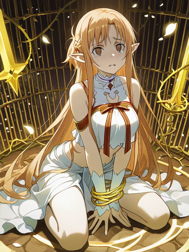 (depict little young girl in , long blond hair, straight hair), bedroom, small breastshappy, (full naked), (((bon)), (bound bbons), (arms behind back), ribbons around chest), (Masterpiece, Excellent, complex details), delicate girl, delicate face,