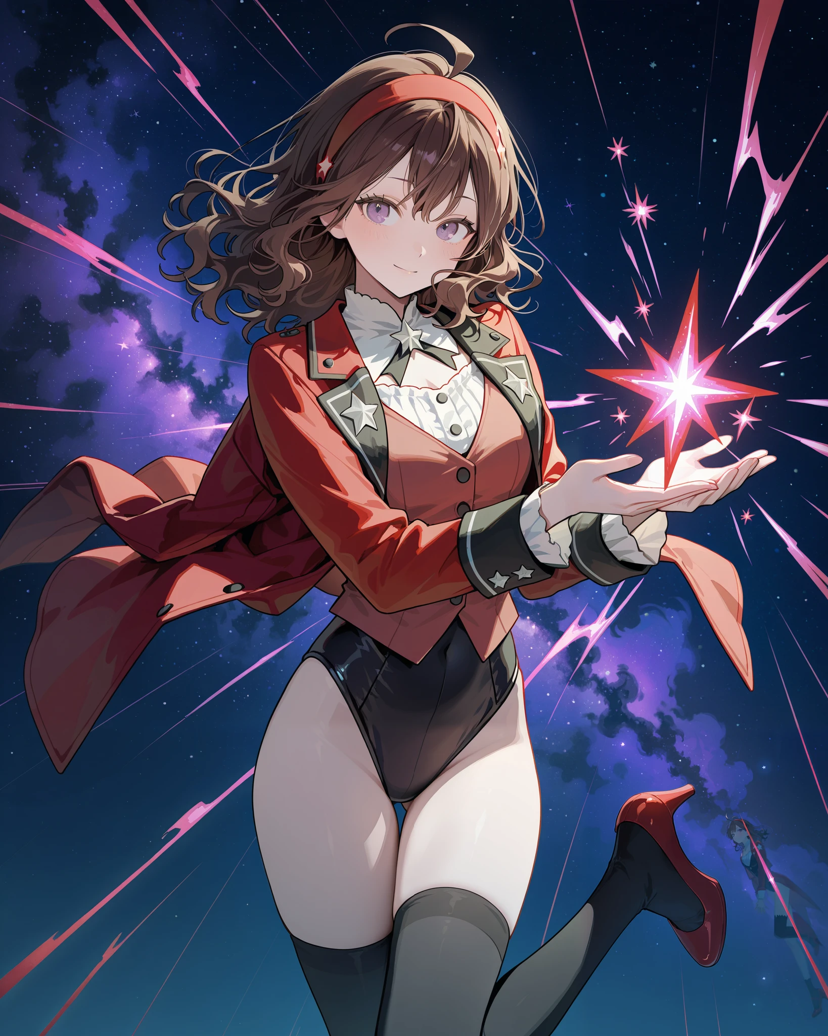 Woman with brown eyes, age 21, finger proportions coordination, (medium hair, dark brown hair, wavy hair, red hairband), ahoge, ((white blouse with black stars, vest, suit jacket, red opened jacket, jacket with stars)), (black highleg leotard, bare legs, black thigh highs, high-heel shoes), purple stellar energy around, cosmic power, cosmic shining power. (purple eyes), beautiful detailed eyes, beautiful detailed face, cute face, perfect hands, complete fingers, perfect anatomy, perfect proportions. (casting a spell). full body costume design, full body, cowboy shot.
