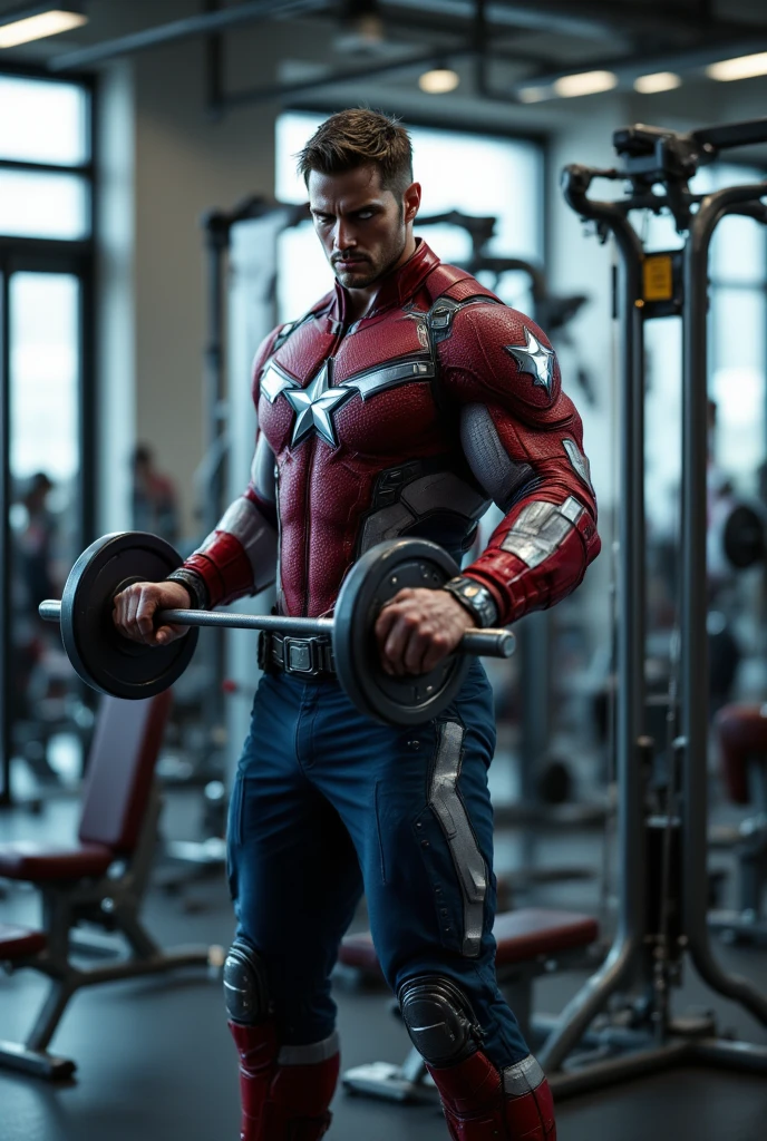 Masterpiece, (half body:1.2), photo of chrisevans person, (muscular:1.3),(no beard: 1.2) (blonde hair:1.2) (gym shorts, t-shirt, shoes:1.2), in a gym, sweaty,8k UHD, realistic, realism, realistic skin, realistic eyes, high details, HDR, DSLR, natural lighting, subsurface scattering <lora:chrisevans_30760:1>