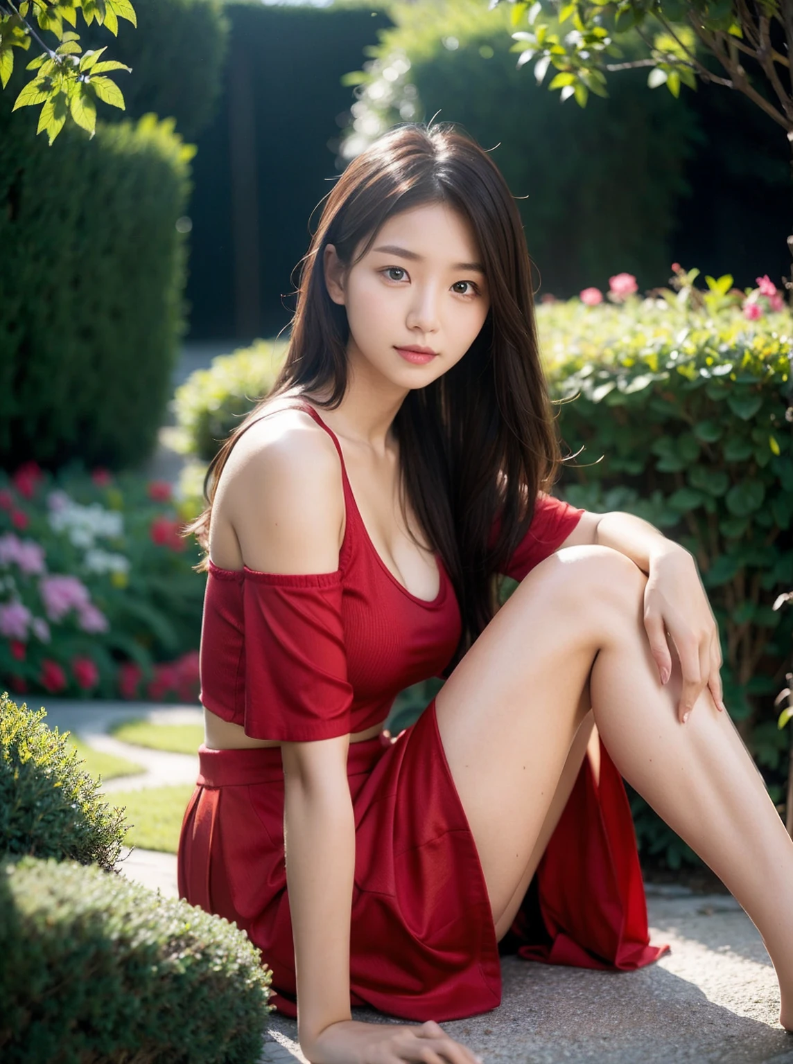 arafed asian woman in red cute top posing for a picture in garden, a picture by Oliver Sin, trending on cg society, shin hanga, wearing a red cute top, korean girl, gorgeous young korean woman, beautiful asian girl, beautiful south korean woman, gorgeous chinese model, young and cute girl, beautiful young korean woman, asian girl, korean woman, smile, closed lips, wavy hair