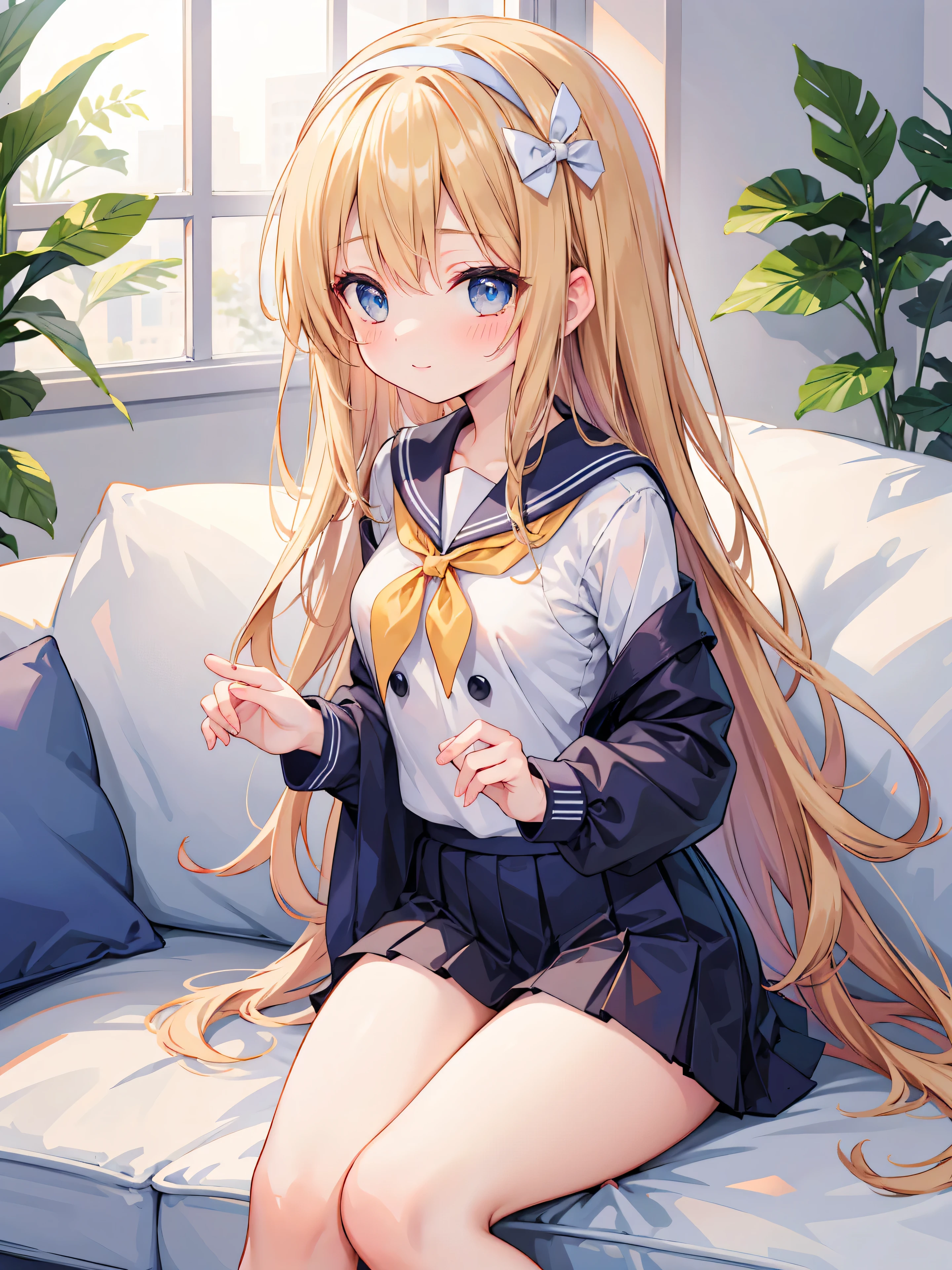 Highly detailed, high quality, masterpiece, beautiful, (all photo shooting), girl student, perfect eyes, blue eyes, light eyes, blushing face, happy face, squats, profile, shows ass, big thighs, small breast, short stature, long hair, blonde hair, with bracelet on hand, bow in hair, headband, wearing sailor suit, short mini skirt, shows full panties, sexy, background image on a sofa