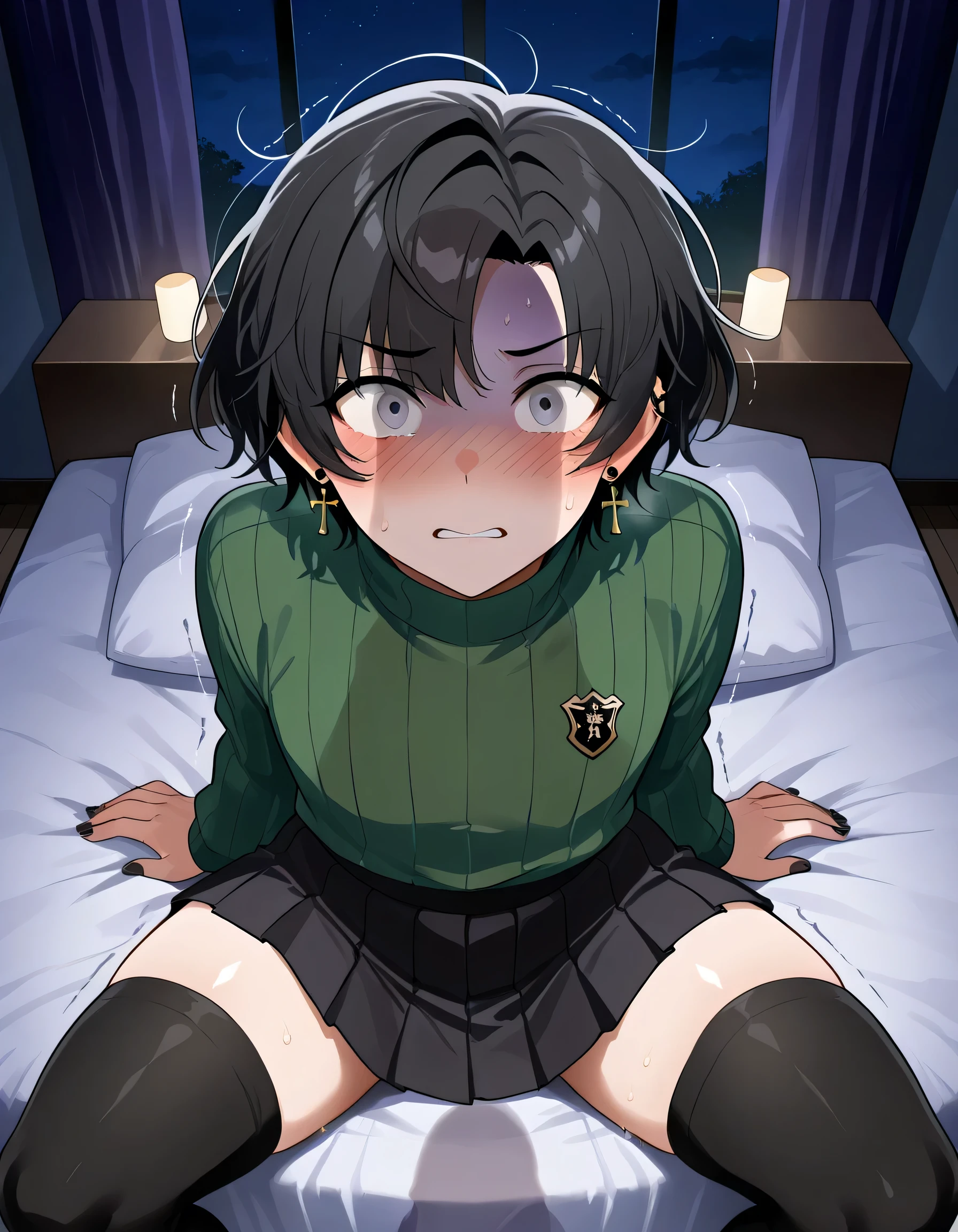 adult femboy, bratty, handsome, beige skin, black hair with purple tint, short hair, messy hair, parted bangs, curtain hair, gray eyes with a green tint, tall height, light curvy thighs, light curvy hips, thin waists, flat chest, curvy ass, slim body, detailed eyes, detailed face, detailed body, adult, detailed bedroom, detailed eyes, make up, looking at viewer, night, turquoise striped turtleneck, black pleated knee length skirt, black knee high socks, piercing in eyebrows, black nails, sitting on bed, spread legs, feet's placed on bed, head tilted to side, shaded face, cross earrings, solo, from above, knees up, alone, scared, nervous, shocked, blush, trembling, penis shadow, from above, top view