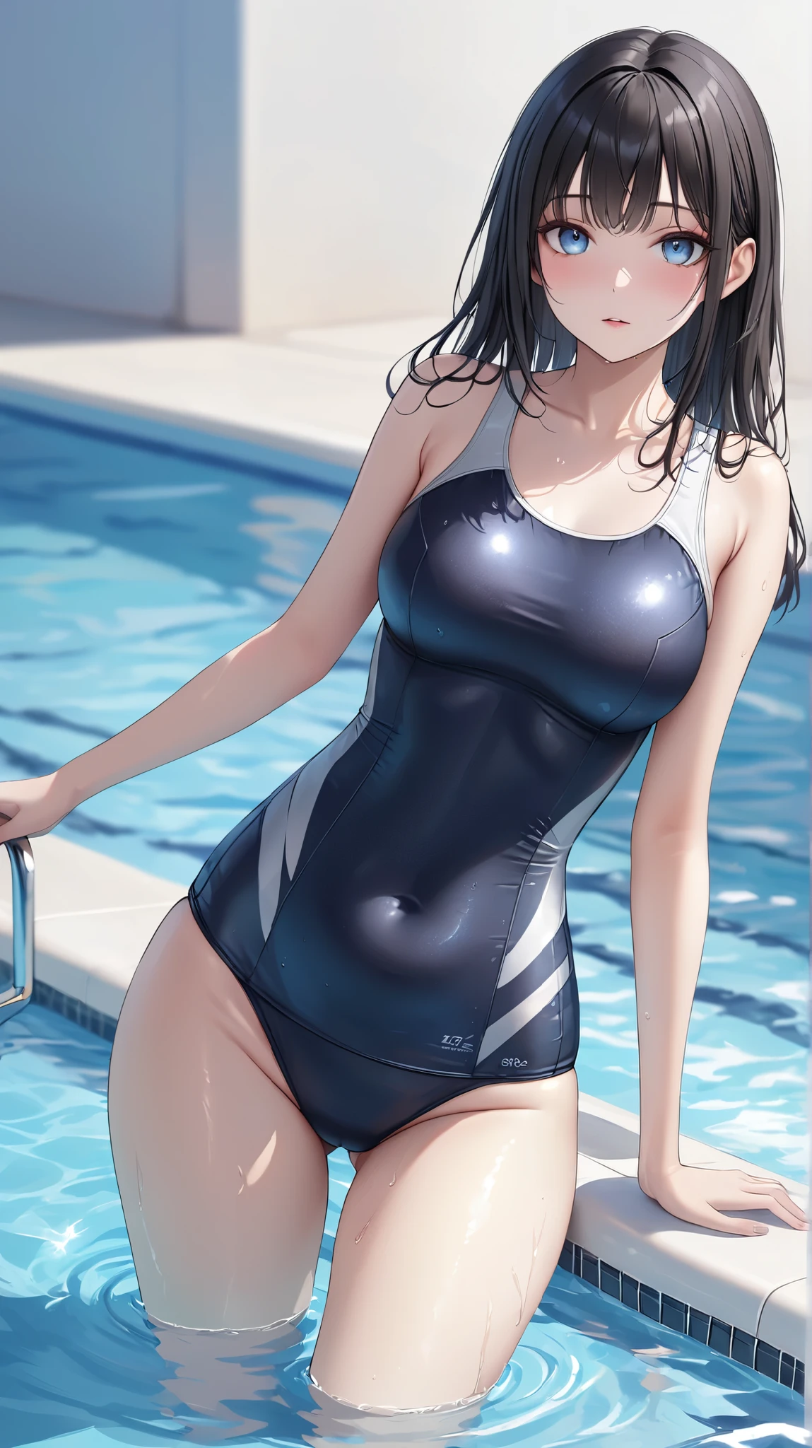 (masterpiece,best quality,ultra detailed,high resolution),(realistic:0.4),looking viewer,lady,black hair,cool eyes,beige-swimsuit,school swimsuit,wide hip,on the pool,