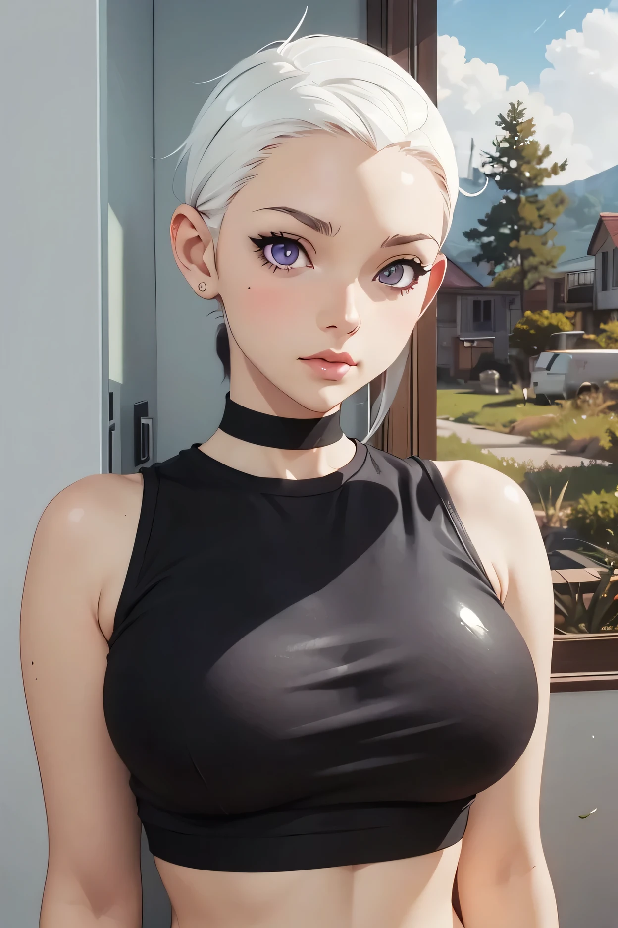 anime girl with white hair and purple eyes in a black top, realistic artstyle, realistic anime artstyle, anime realism style, realistic anime 3 d style, semirealistic anime style, anime style. 8k, ilya kuvshinov. 4 k, girl portrait, [ 4 k digital art ]!!, digital anime illustration, smooth anime cg art