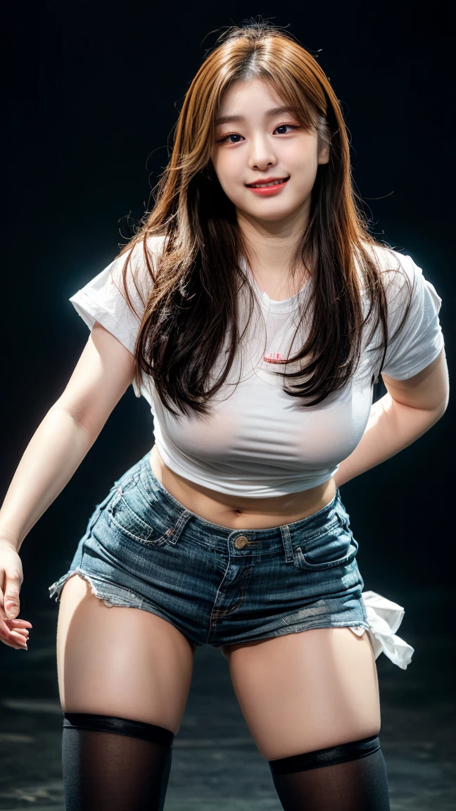 (highest image quality:1.35), high quality, Realistic photo, (A beautiful woman:1.33), beautiful expression, (delicate eyes:1.3), (delicate face:1.3 ), Smile, (slick hair:1.2), Super detailed , high resolution, athletic figure, (big breasts:1.25), (long hair:1.2), (beautiful woman), ( Cute navel:1.2), (Depth of field f/1.8:1.45 ), sharp focus, original photo , (Thin white shirt:1.45), (Thin blue pants:1.4), (Thin tight blue pants: 1.4 ), (Thick thighs:1.5), (Forward:1.25), (cowboy photo: 1.4), (Sports, black background :1.4 ), (black background:1.5 ),