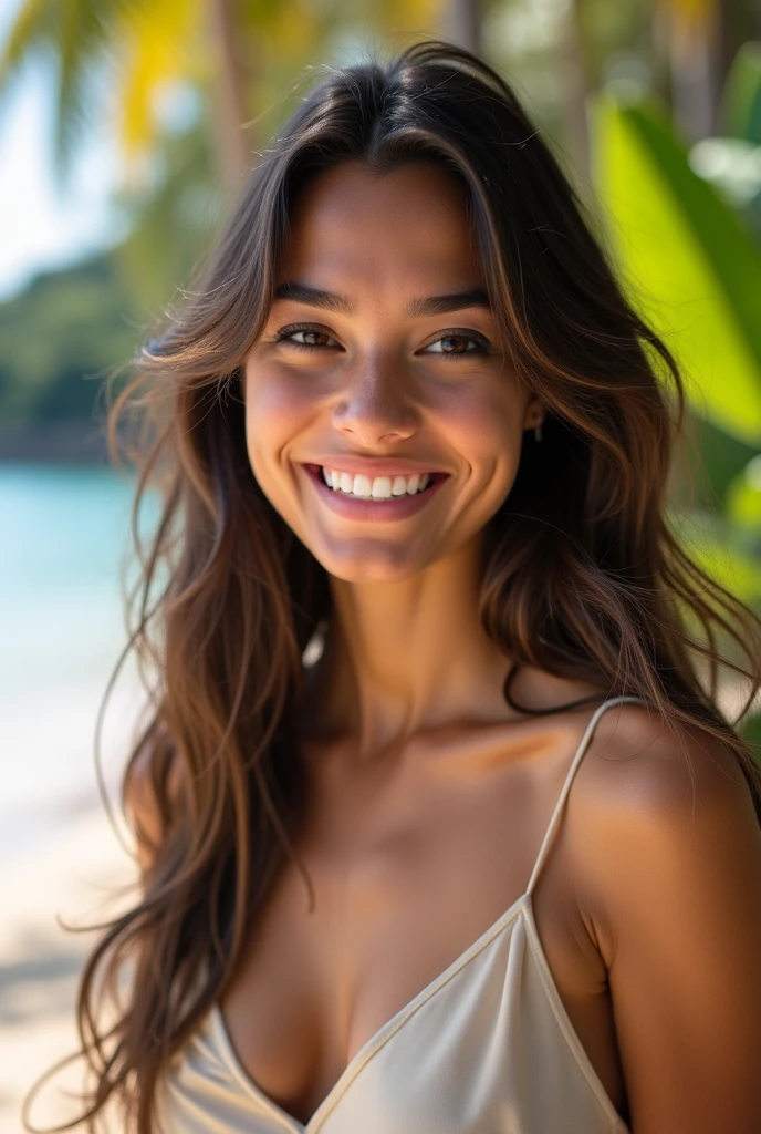 There is a young, Beautiful indian woman, who looks to the future like Katrina Kaif. Smiles into the camera, beautiful teeth. She stands there and looks into the camera, beach, sand, palm, a portrait from raw photo, feet, hands, body,