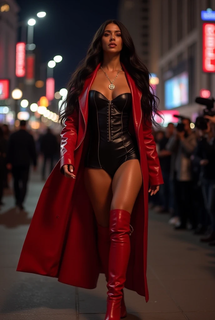 full body, a beautiful sexy sensual 25-year-old vampire woman with short black hair, pale skin, red lips, full breasts, thin waist, long shapely thighs, muscular athletic body, wearing a red jacket and black tight pants, black sleeveless leotard, hazy Victorian London street at night, front view, dynamic pose, ambient lighting, realistic photo, intricate facial detail, intricate hand details, highly detailed, vivid colors, cinematic, high definition, trendy Artstation