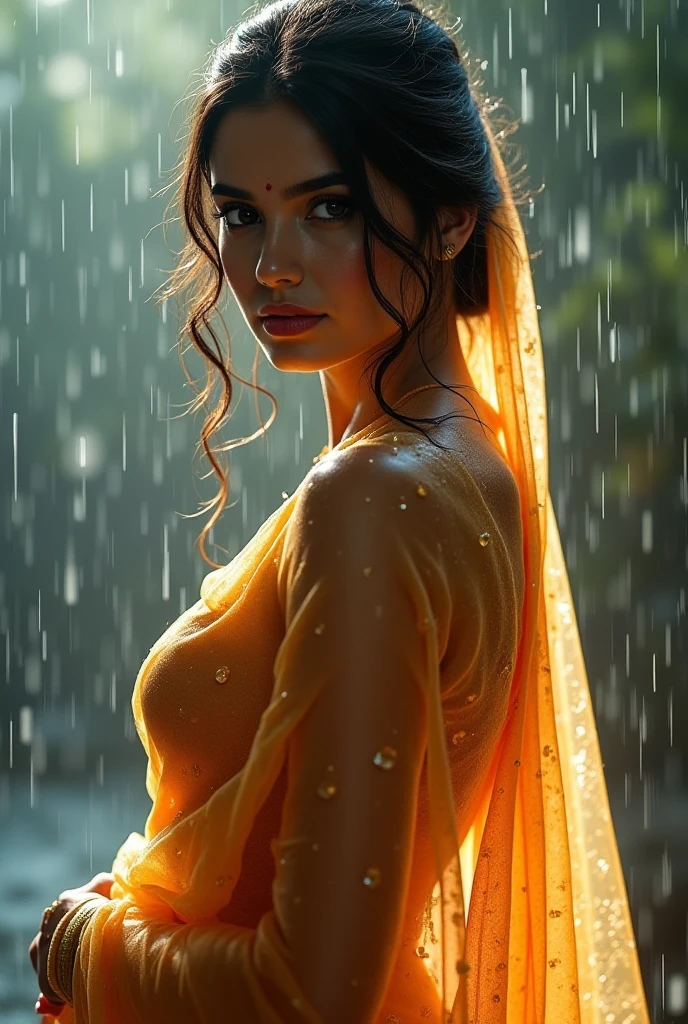 Pastel watercolor sketch of a kerala woman kf age 40 wearing transparent saree she has almost striped that saree, her thighs visible, , looking outside her window to nature seeing rain and breeze, her back view is shown, red blouse almost off to her waist showing bare back, pastel artwork, painting from a novel or movie