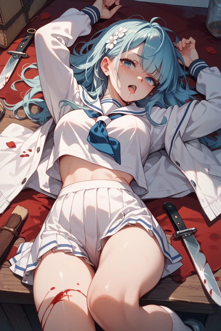 The girl lay on the ground，Open belly button，short skirt，White，Magic wand in hand，Expression of pain。