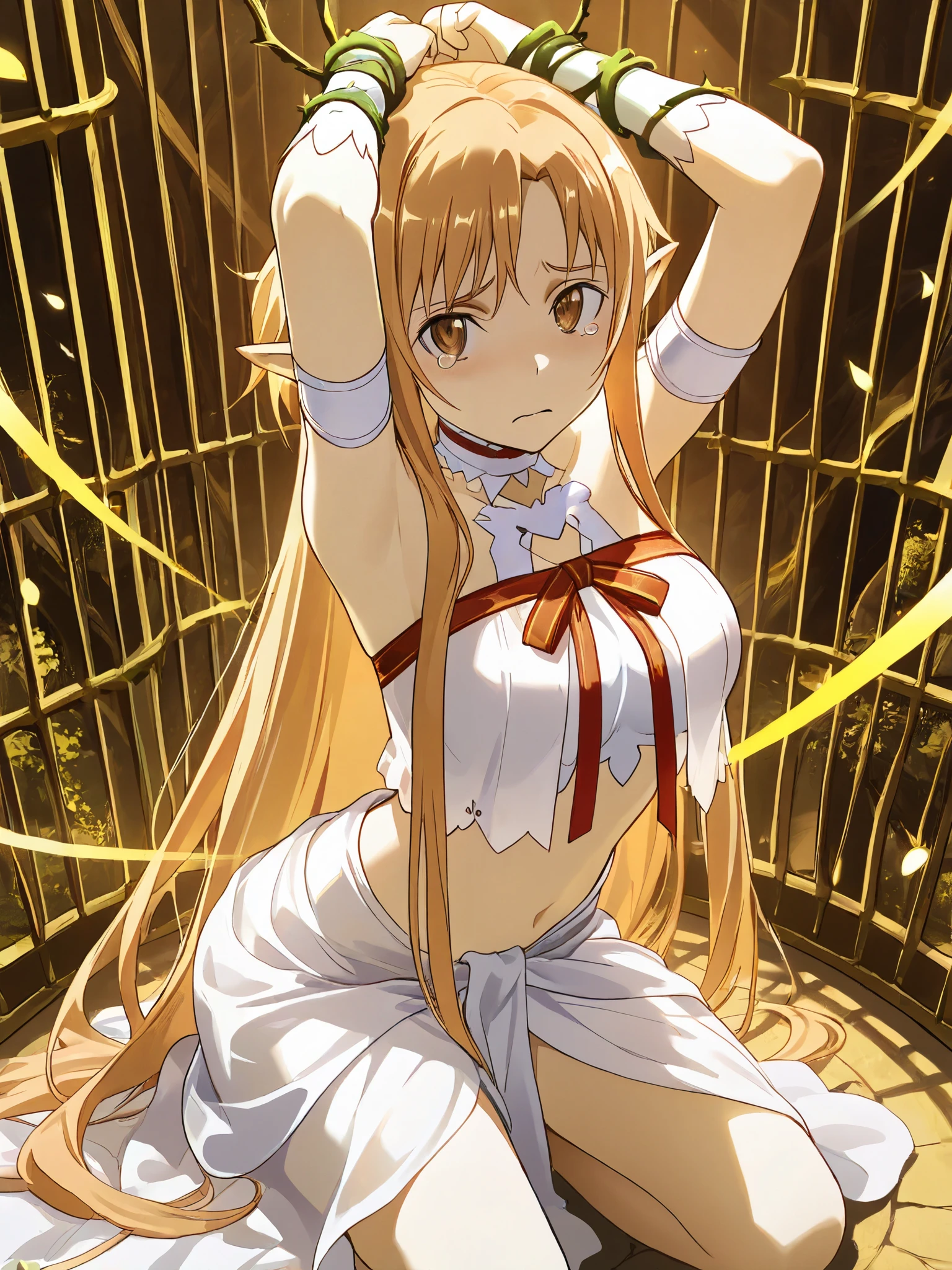 (masterpiece, best quality, official art, dramatic lighting), BREAK 
1girl, solo,  
[Asuna (Sword Art Online) | Alfheim Online captive version],  
Titania (elf), long messy brown hair, tearful brown eyes, detailed eyes, pale skin, pointed ears,  
sleeveless crop top with gold trims, translucent shoulder drapes, wrap skirt with ruffles, floating red ribbons, hands tie together, hands lifting over the head, BREAK 
kneeling pose, restrained by magic, sorrowful expression, looking upwards,  BREAK
dim ethereal light, floating petals, cage of thorns,  
world tree background, ominous atmosphere, BREAK    dark fantasy, cinematic composition, highly detailed emotional expression, BREAK  volumetric lighting, soft glow, high contrast between light and shadow, BREAK  intricate golden cage, entangled vines, magical barrier particles, 
