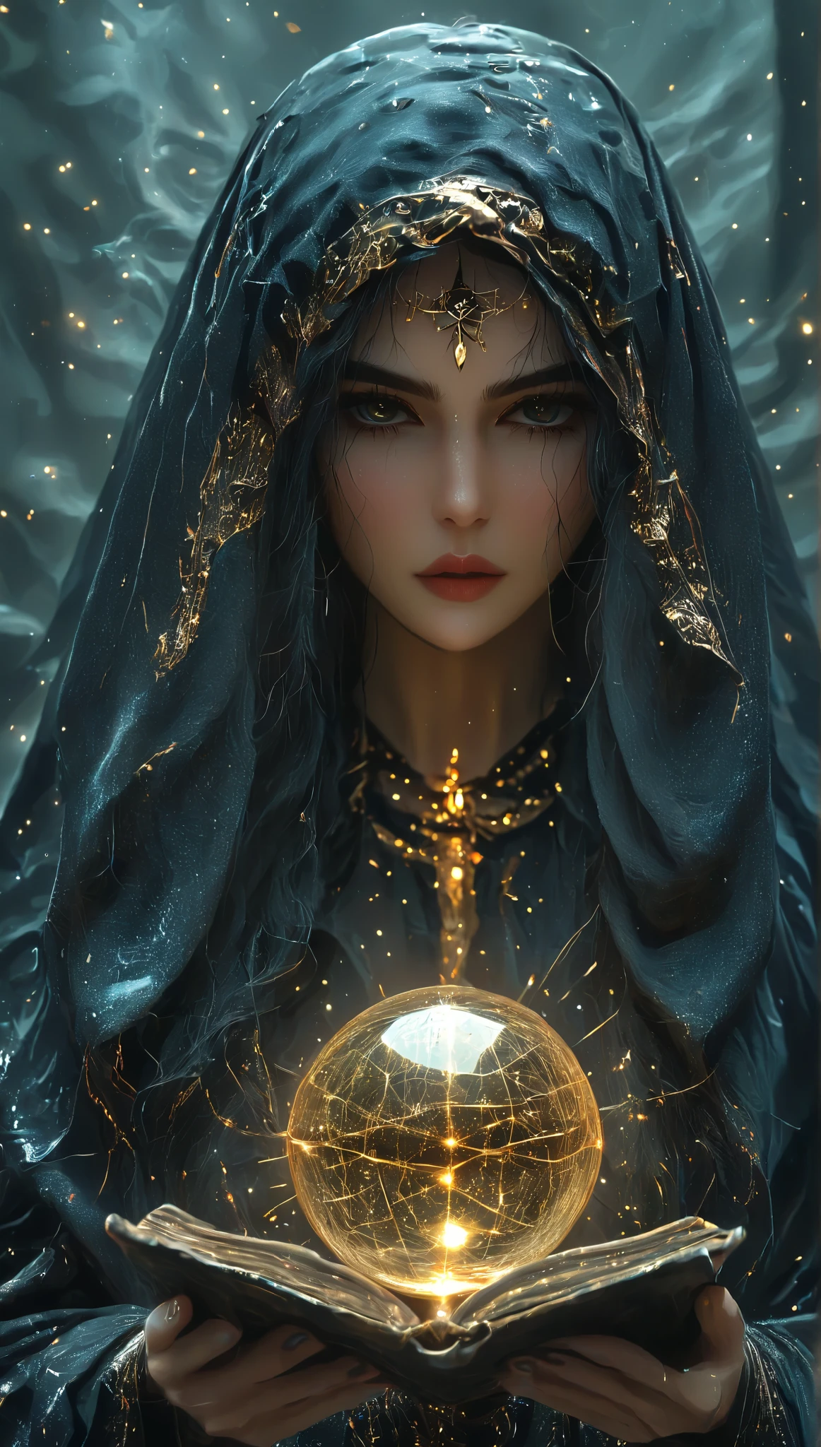 Magnificent Tarot, A robed astrologer sits quietly at a table covered with symbols,Holding a crystal star ball in hand, There is arabic text at the bottom of the card, fit snugly on face, Tarot, Very high texture quality, Front and sides, Full of mysterious magic, the Front and sides are on the card, The overall color is dark black and bright gold, Reflective shiny gold, Ultra-detailed face, Ultra-fine clothing texture, Ultra Detailed,