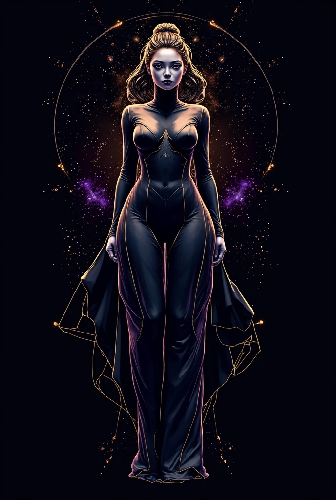 A dark silhouette of a princess, no clothes, body shape, body outline visible, In a mesmerizing display of cosmic clouds , a hypnotic holographic solar flare erupts with vibrant colors against the stark backdrop of an inky black sky. This high contrast, high key photograph captures the surreal beauty of the celestial phenomenon as it casts a spellbinding radiance. The image, with its impeccable clarity and impeccable detailing, immerses viewers in the otherworldly spectacle, evoking a sense of awe and wonder. 8K. 16 K