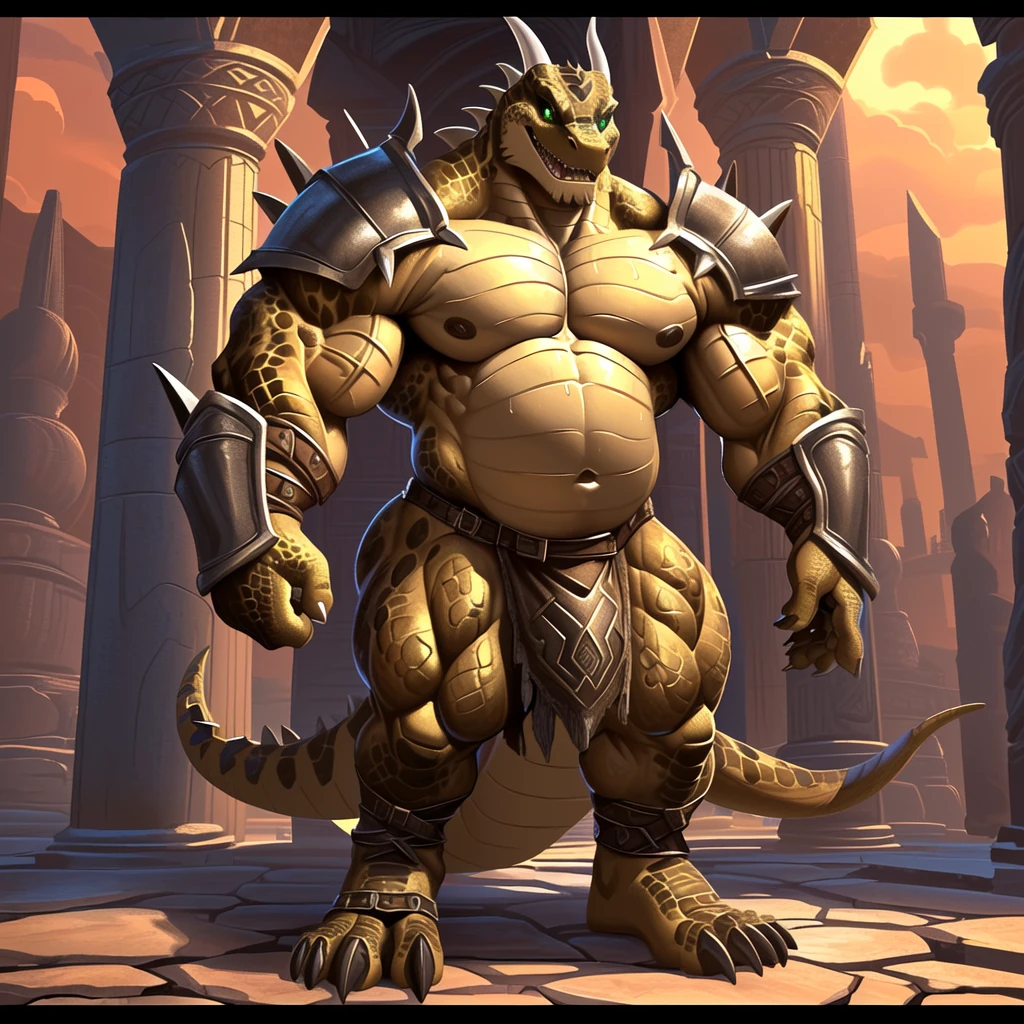 human nature, cannon, male, solitary, ((the strong,Handsome)), ((dragon) fur), Chibo,Six-pack abs,(Western castle background),cloudy day,Blue shorts,Sweat:1.3,White Socks,high quality, (4K,high quality, high resolution, masterpiece), Front view (close up), cartoon,by lindong