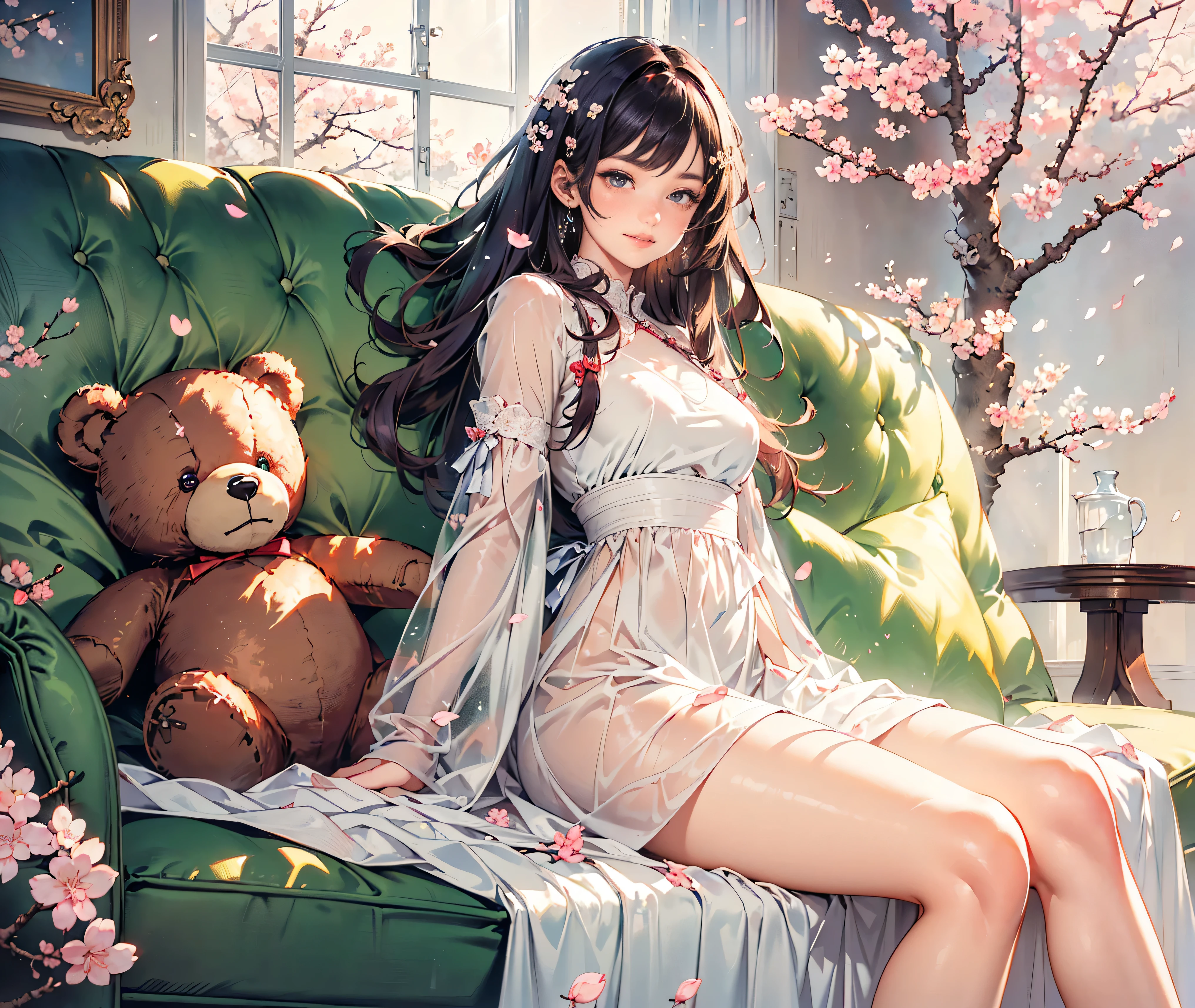 Best quality, 8K, Best quality, Masterpiece, Ultra-realistic, ((Lying on a thick branch of a cherry tree)), ((A high school girl with odd eyes)), ((Heterochromia, red eyes, golden eyes)), ((Sparkling and detailed eyes)), (Very precise eyes), ((Crystal-like pupils)), (Long platinum and purple hair), Princess cut, ((Translucent, shiny white skin)), Shiny skin, Very white skin, ((Small breasts)), ((Anatomically accurate depiction)), ((Detailed depiction down to the fingertips)), ((Wearing a light green silk dress embroidered with cherry blossoms and intricate lace patterns), ((Sitting on the sofa in the living room holding a large teddy bear)), ((Detailed depiction of the teddy bear)), ((Outside the window, the world is covered with cherry blossoms)), ((Many cherry blossom petals are dancing in the wind)), ((Sunlight shining on the cherry blossoms)), Smiling face, Very beautiful, Wonderful scenery
