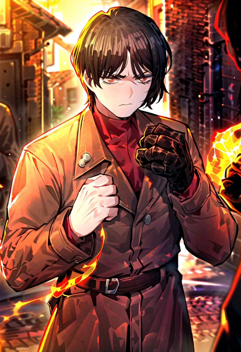 1male, black hair , (project moon\), brown eyes, shirt , red shirt , short hair , angry expression, solo focus , long sleeves, outside, closed mouth , brown coat , backstreets, claw hand, brown hands, sharp fingers, bug hand
