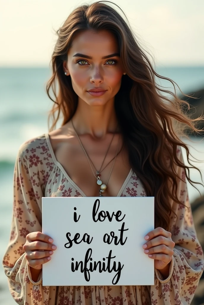 Beautiful girl with wavy long hair, bohemian dress, holding a white board with text "I Love Seaart Infinity" and showing it to the viewer