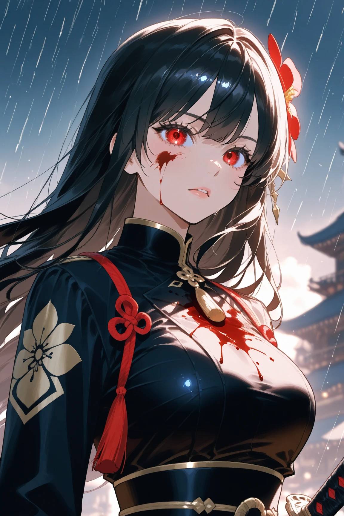 (((beautiful))), (((kimono, One Woman, from front, Fighting Pose, Attacked by a tentacle creature))), ((Black Hair, parted bangs, forehead, Long Hair, ponytail, hair ornaments, Chubby)), Large Breasts, Huge Saggy Tits, Glowing Skin, Wet Skin, (((Intricate details))), High resolution, ((Intricate details, Ultra-detailed)), cowboy shot, (looking at viewer, look at viewer), Red cheeks, painful, depressed, Dark Room, night,
