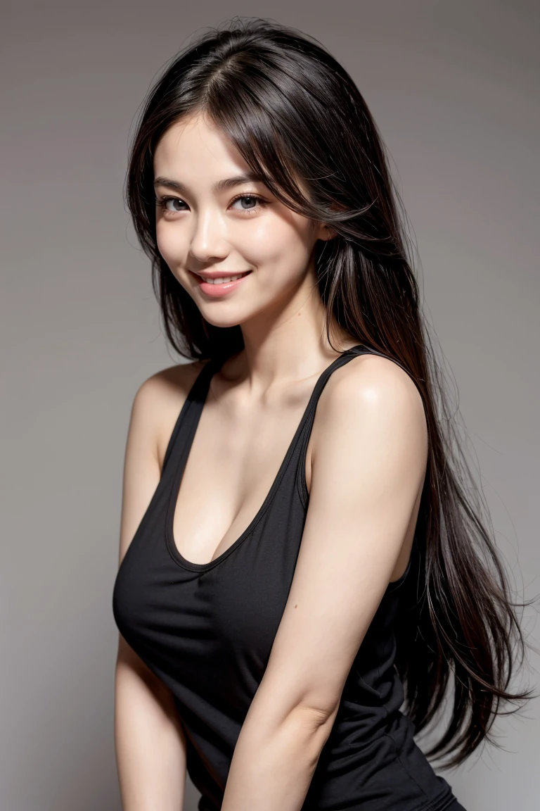 masterpiece, best quality, photorealistic, raw photo, 1girl, Black Long hair, Large breast, Black Muscle Shirt , light smile, detailed skin, pore, simple background, Upper-body, facing the viewer, close-up