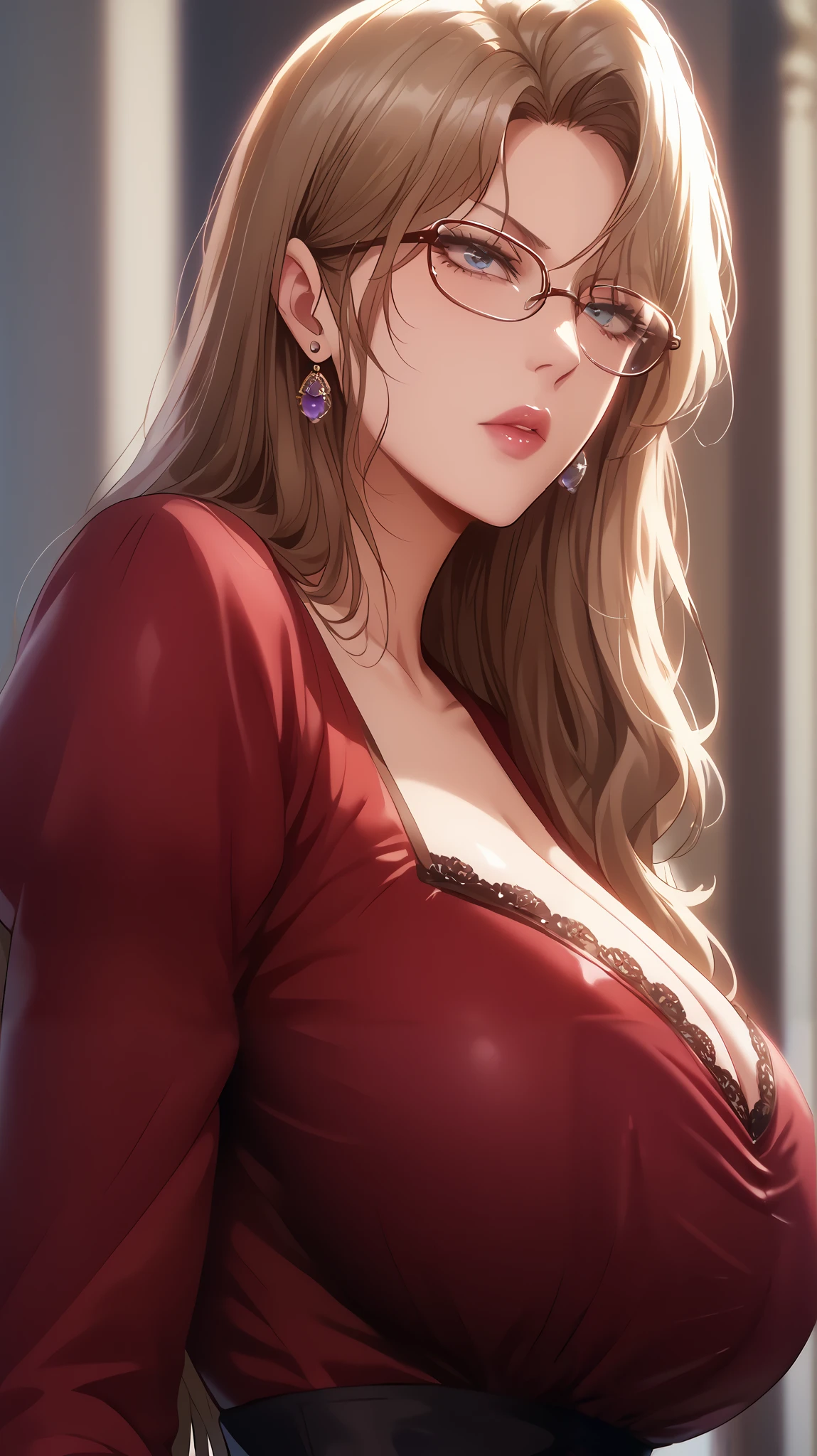 masterpiece, best quality, amazing quality, very beautiful, Absurd, latest, scenery, anatomically correct, 16k, UHD, accurate, expressive, {{1girl solo}}, illustration, masterpiece, ultra-detailed, {{detailed shading, detailed skin}}, {{realistic skin}}, BREAK, detailxl, ashy hair, milf, blue eyes,long hair, serious, red dress, victorian dress, huge breasts, curvy, indoor, glasses, victorian mansion background, jewelry,