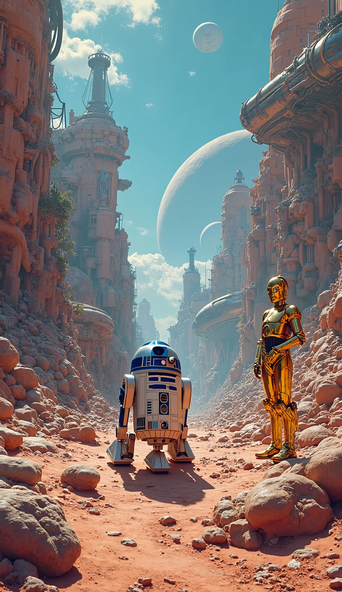  highdefinition images、Mechanical Background、colorful color scheme、alien planet in the distance、nobody is here、R2-D2 is running、C3PO。