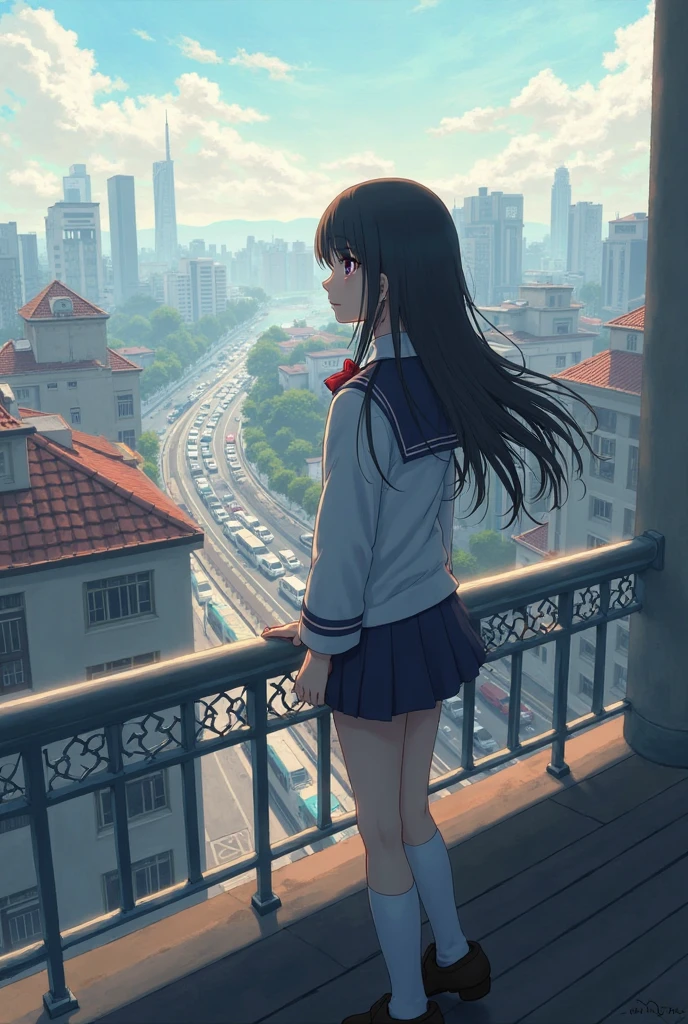 A cute girl with long hair wearing a Korean school uniform sits on the BTS Skytrain on her way to school. She looks thoughtful and slightly sad as she looks out the window. The city passing by gives off a peaceful atmosphere. She holds a bag on her lap.. Sit facing forward